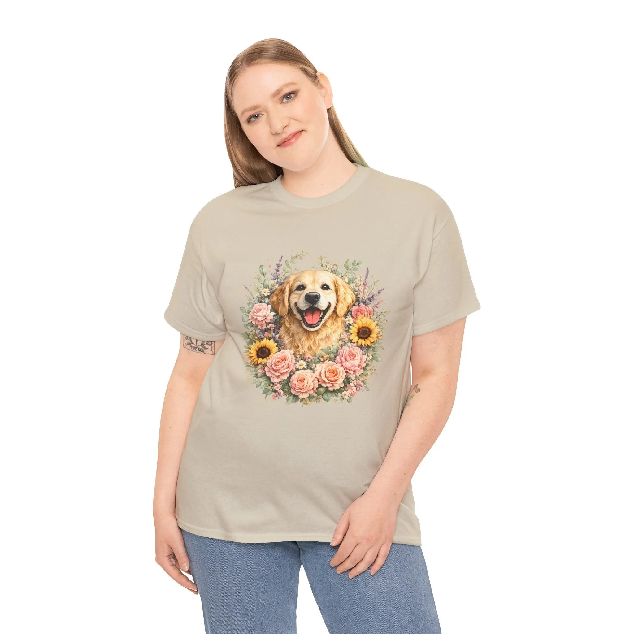 Golden Retriever Floral Tee — Happy Dog with Sunflowers & Roses Printify