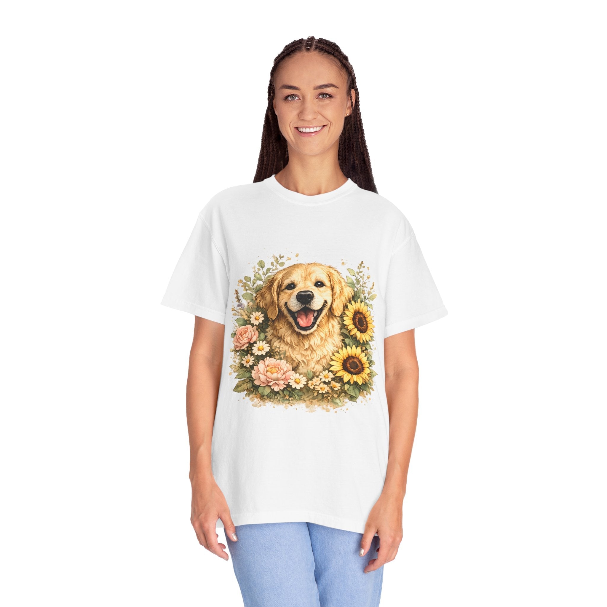 Golden Retriever Sunflower T-Shirt — Happy Dog Floral Tee Printify