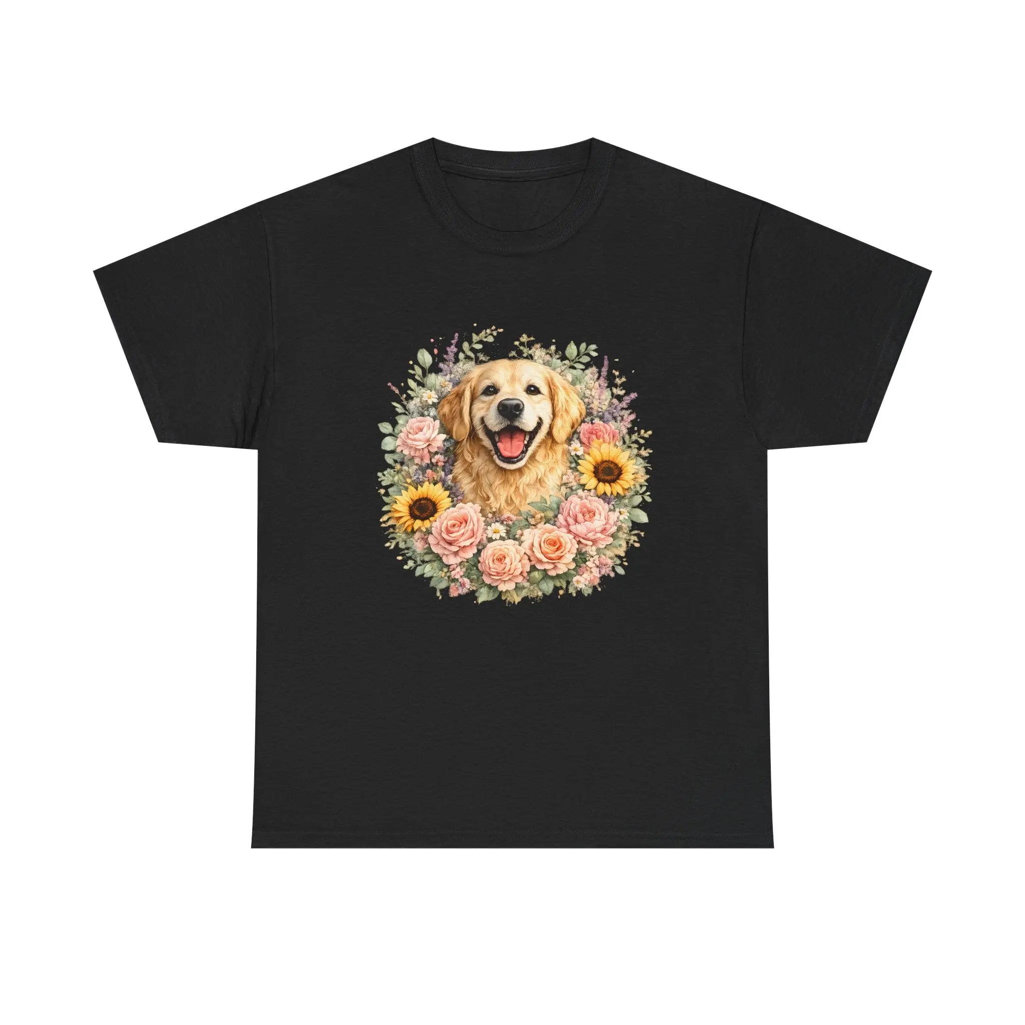 Golden Retriever Floral Tee — Happy Dog with Sunflowers & Roses Printify