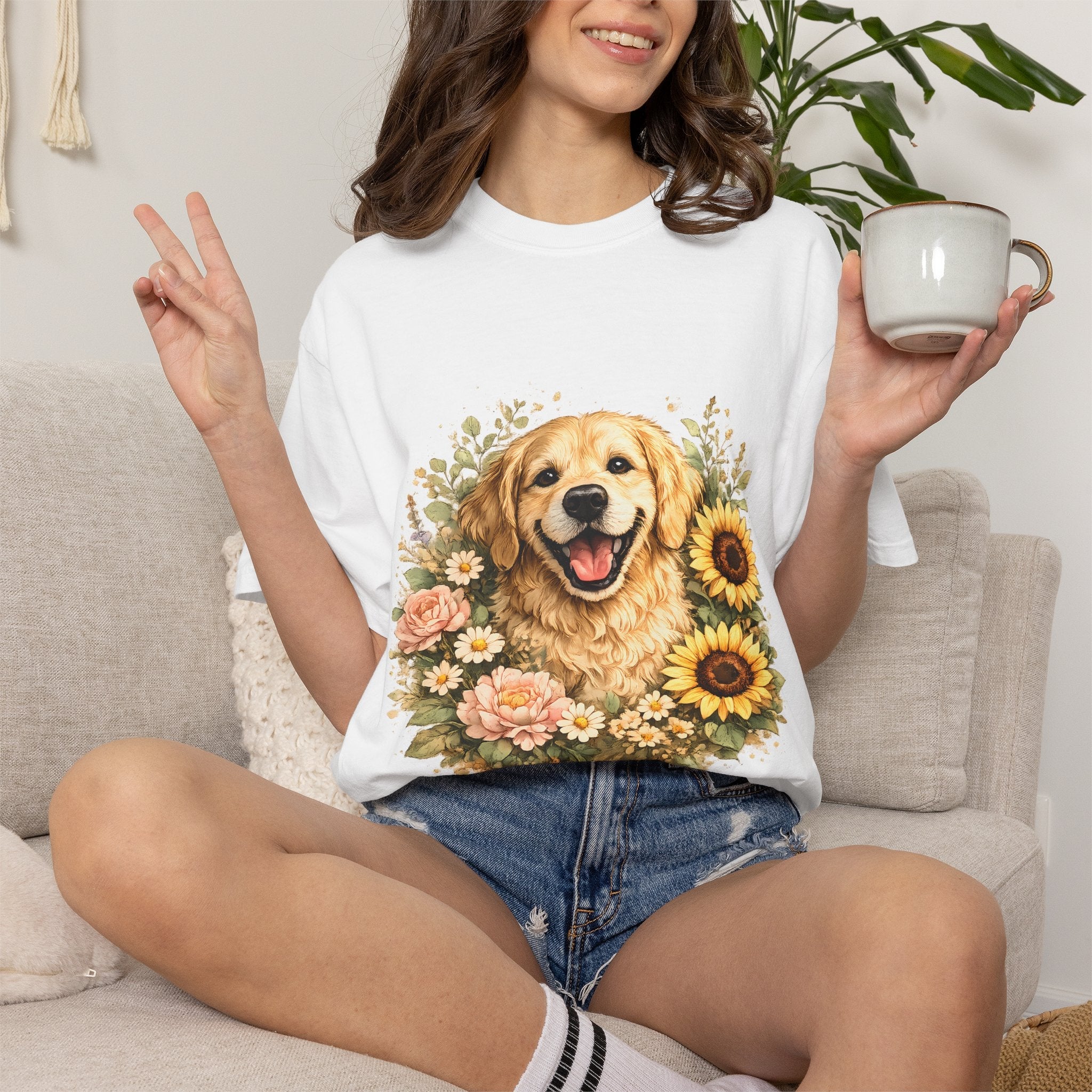 Golden Retriever Sunflower T-Shirt — Happy Dog Floral Tee Printify