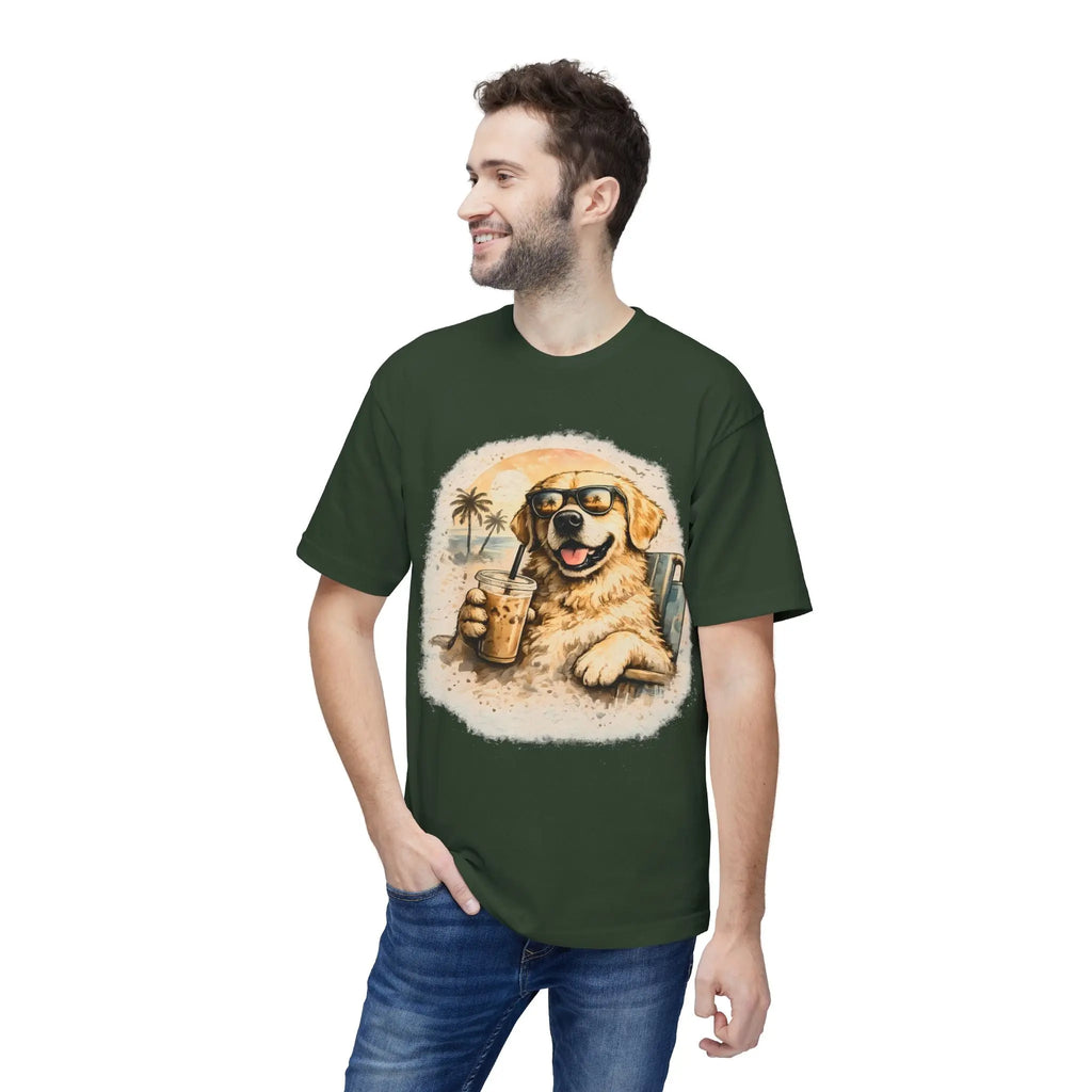 Golden Retriever Beach T-Shirt — Dog with Sunglasses & Drink Printify