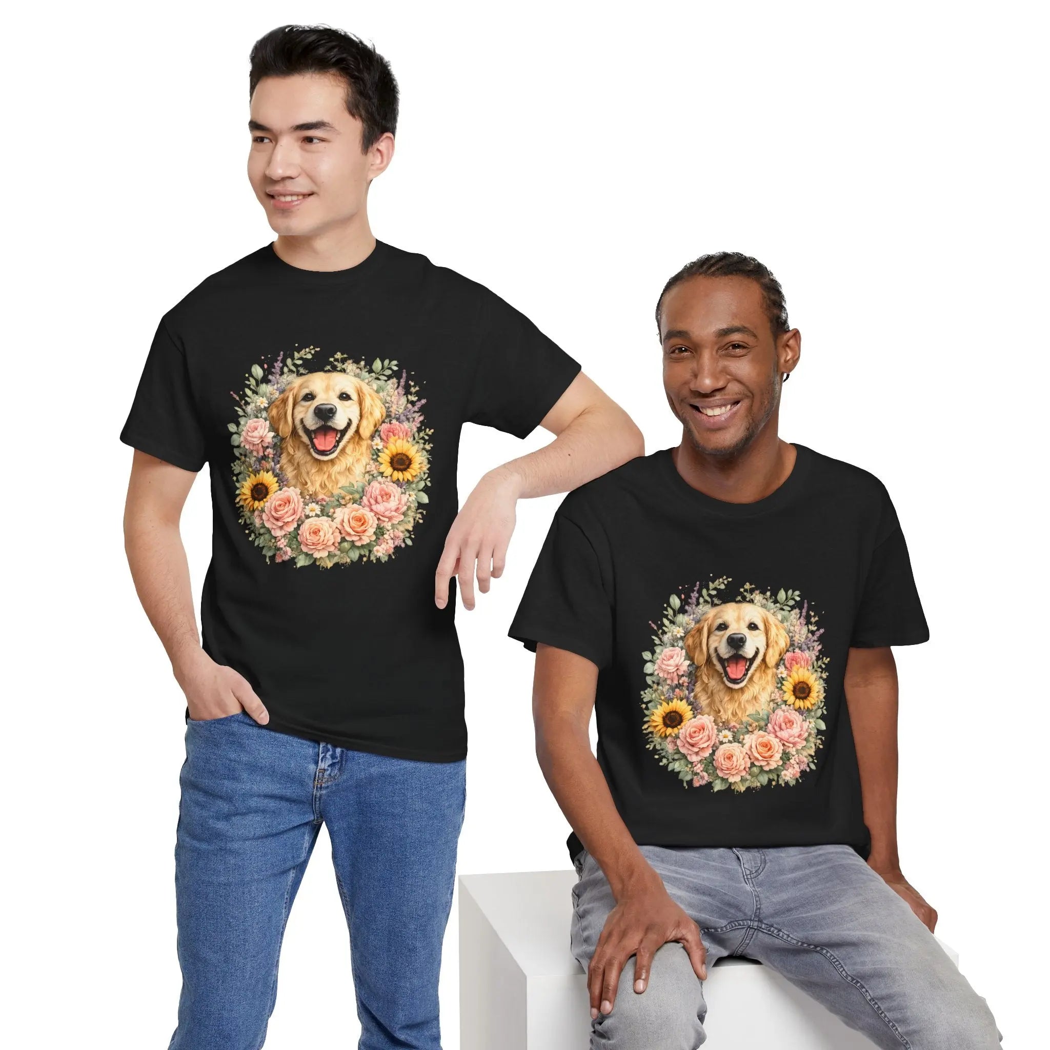 Golden Retriever Floral Tee — Happy Dog with Sunflowers & Roses Printify