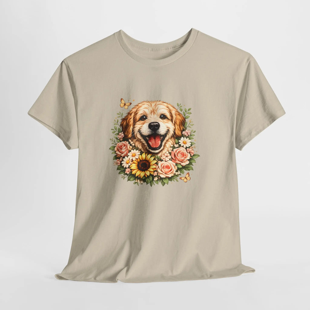 Golden Retriever Floral Tee — Happy Dog with Sunflowers Graphic T-Shirt Printify