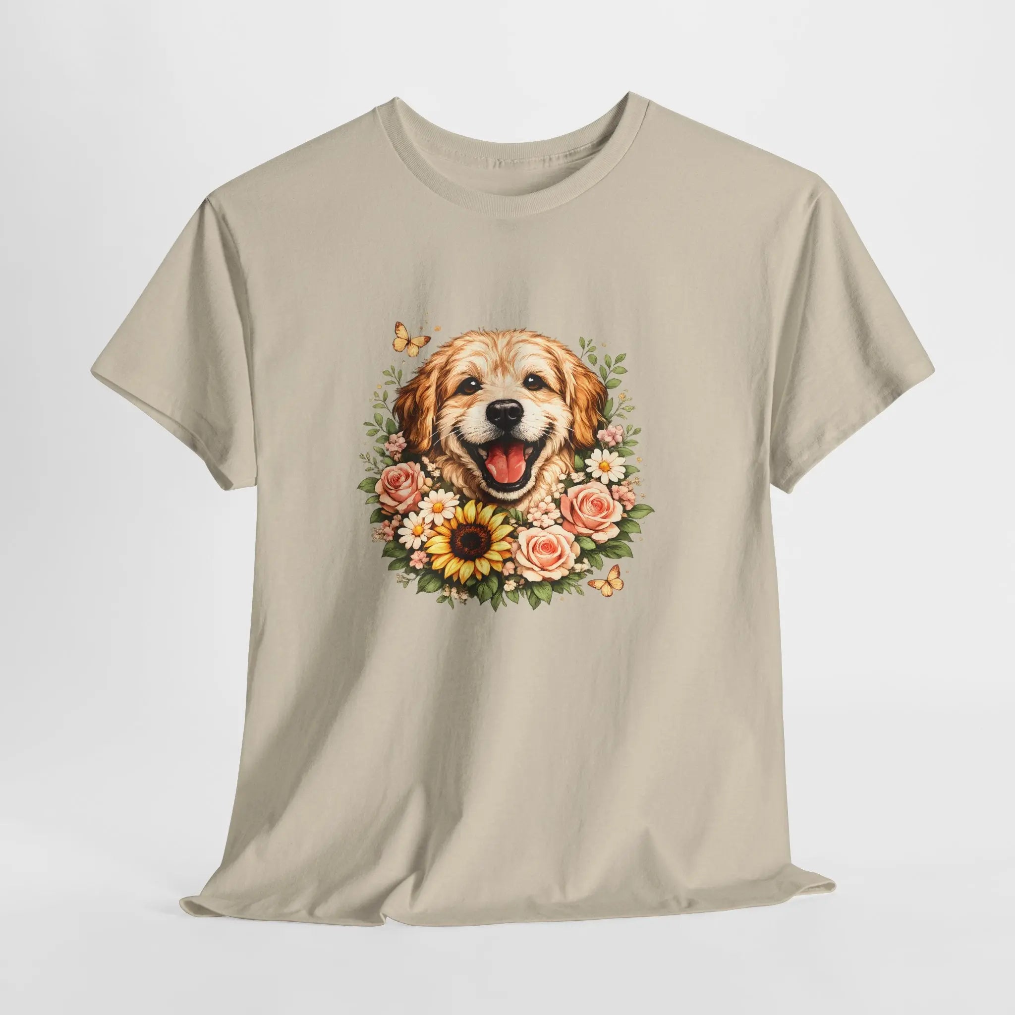 Golden Retriever Floral Tee — Happy Dog with Sunflowers Graphic T-Shirt Printify
