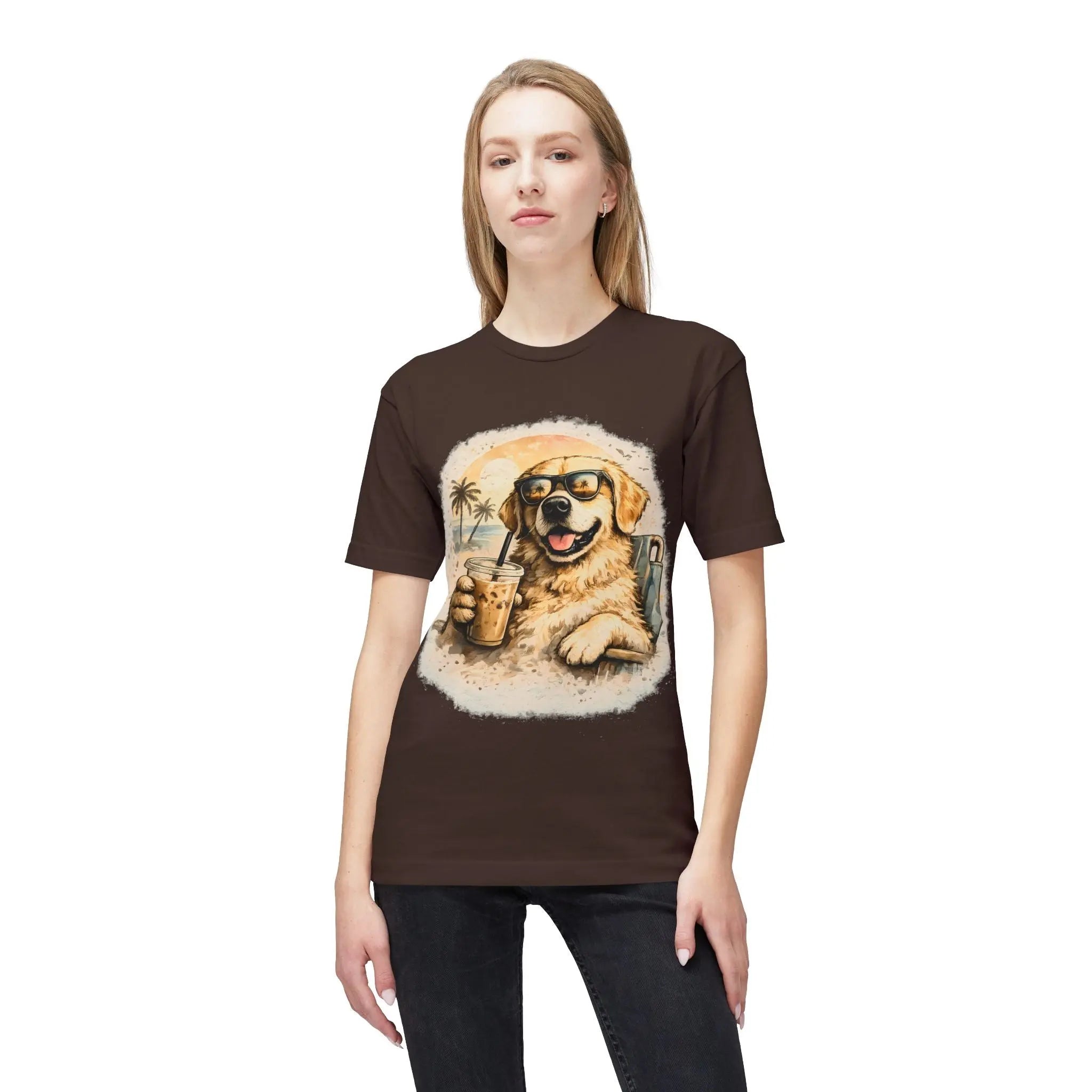 Golden Retriever Beach T-Shirt — Dog with Sunglasses & Drink Printify