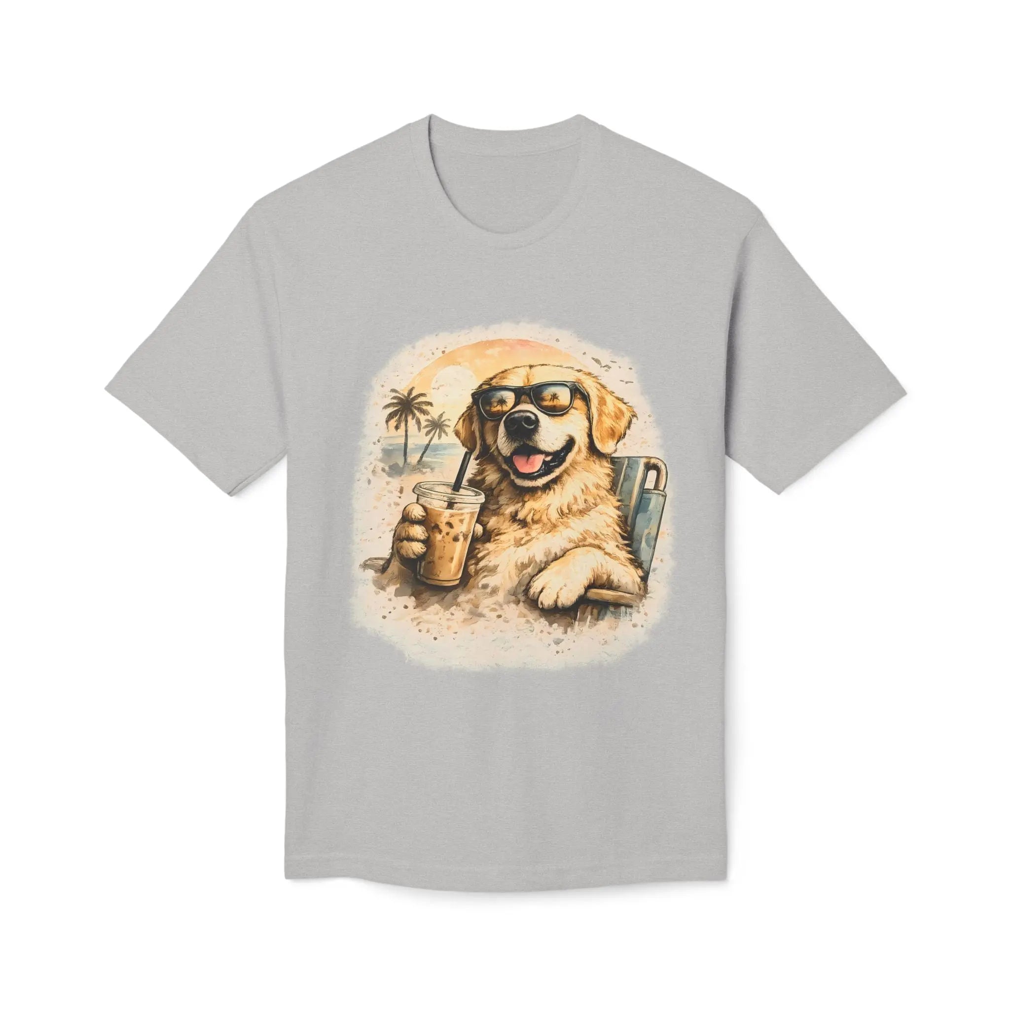 Golden Retriever Beach T-Shirt — Dog with Sunglasses & Drink Printify