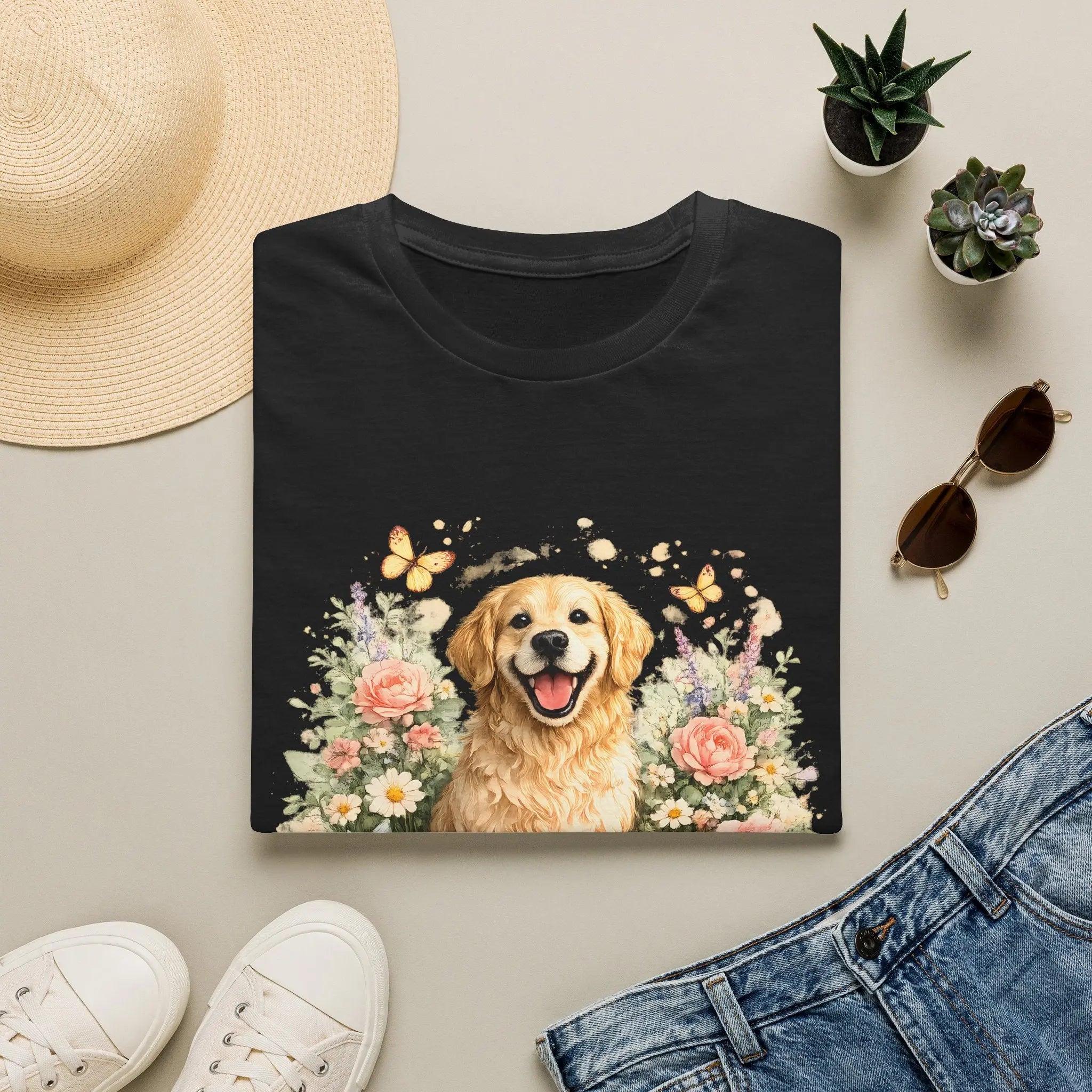 Golden Retriever Floral T-Shirt — Cute Dog with Butterflies Design Printify