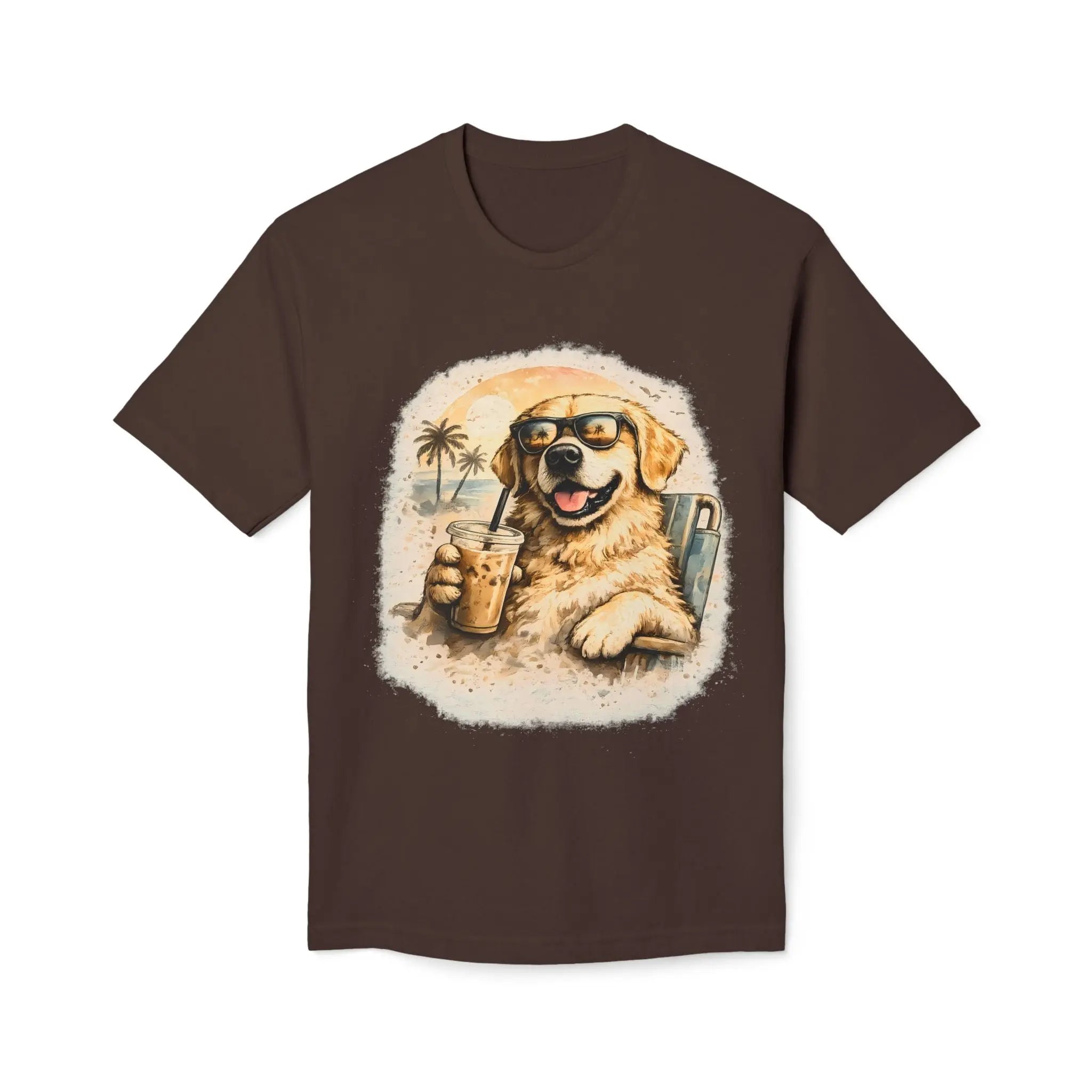 Golden Retriever Beach T-Shirt — Dog with Sunglasses & Drink Printify