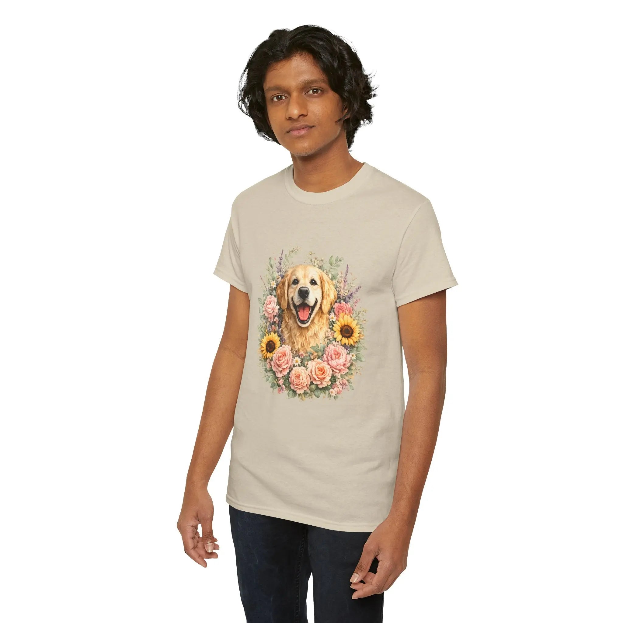 Golden Retriever Floral Tee — Happy Dog with Sunflowers & Roses Printify
