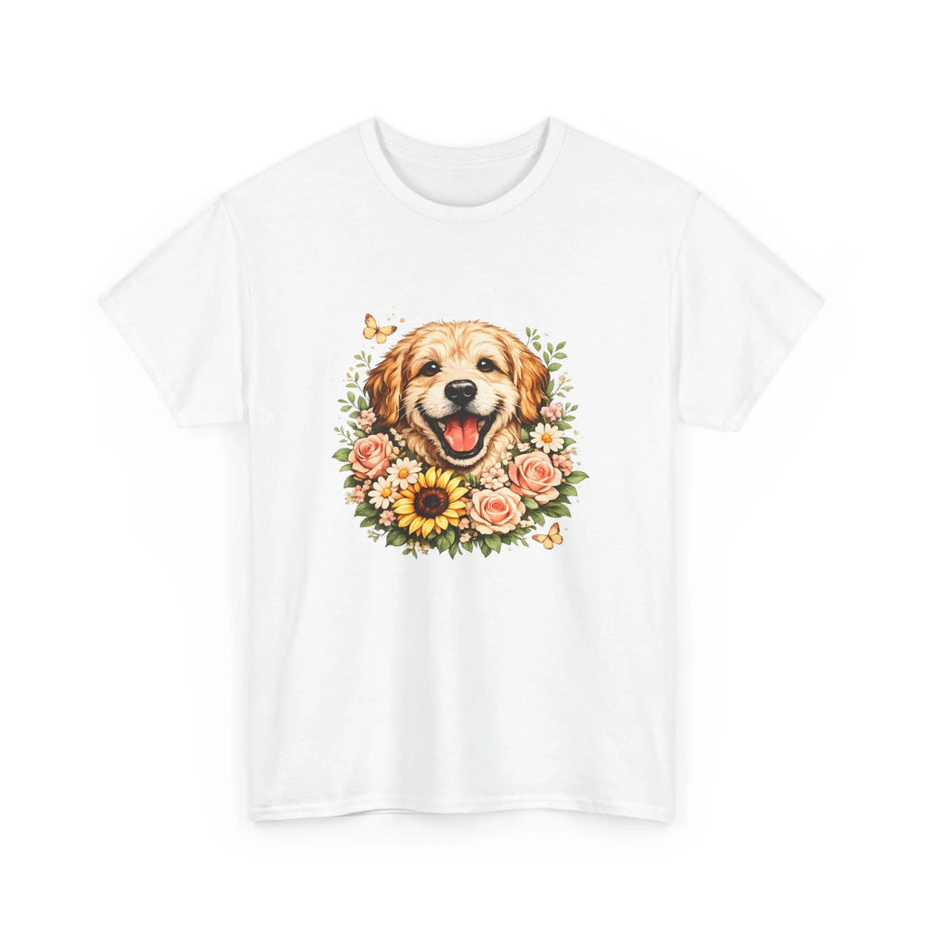 Golden Retriever Floral Tee — Happy Dog with Sunflowers Graphic T-Shirt Printify