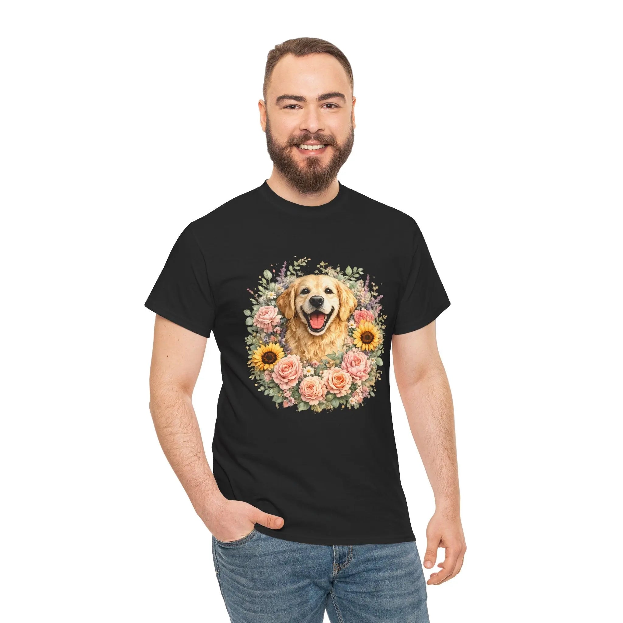 Golden Retriever Floral Tee — Happy Dog with Sunflowers & Roses Printify