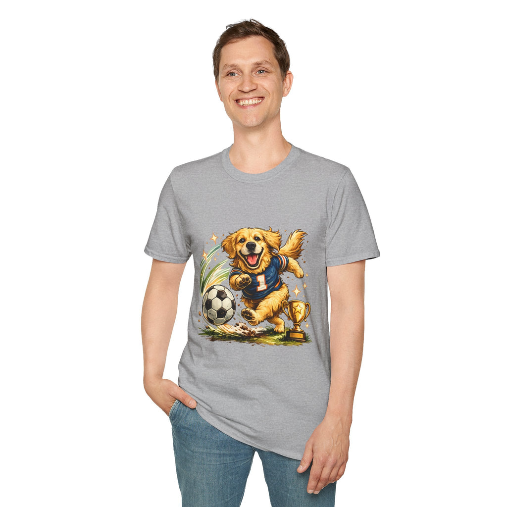 Golden Retriever Soccer T-Shirt — Cute Dog Playing Soccer Graphic Tee Printify