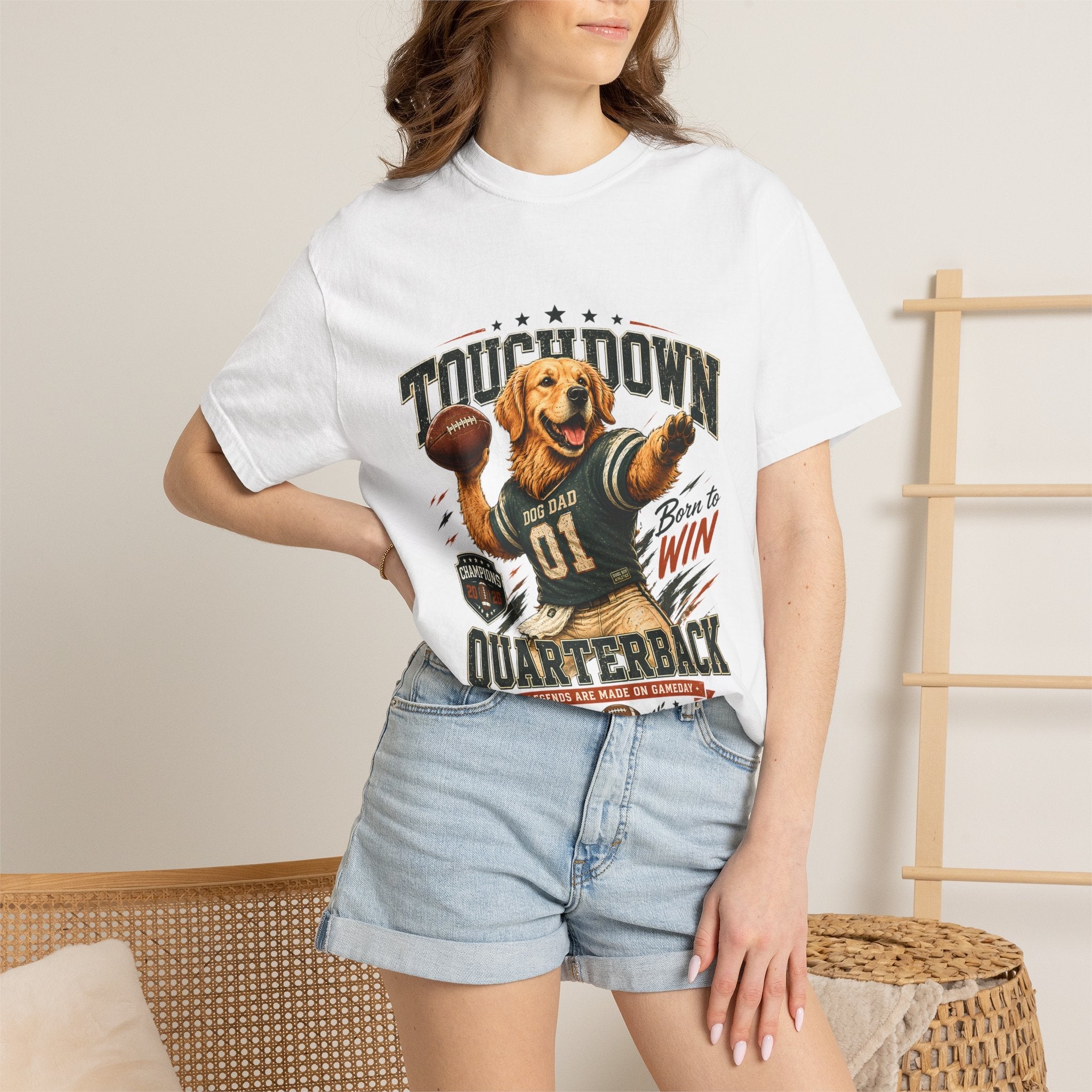 Touchdown Quarterback T-Shirt — Cute Golden Retriever Football Tee (Born to Win) Printify