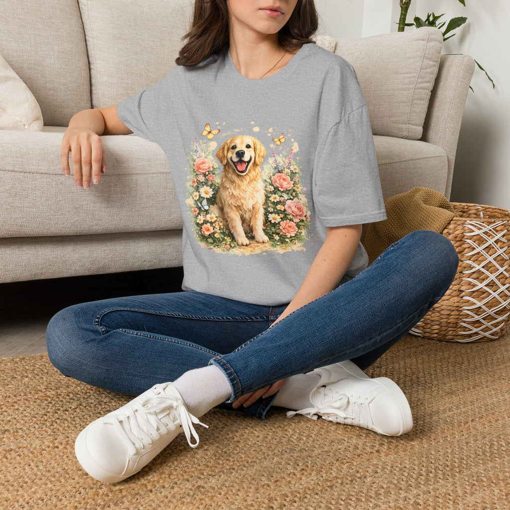 Golden Retriever Floral T-Shirt — Cute Dog with Butterflies Design Printify