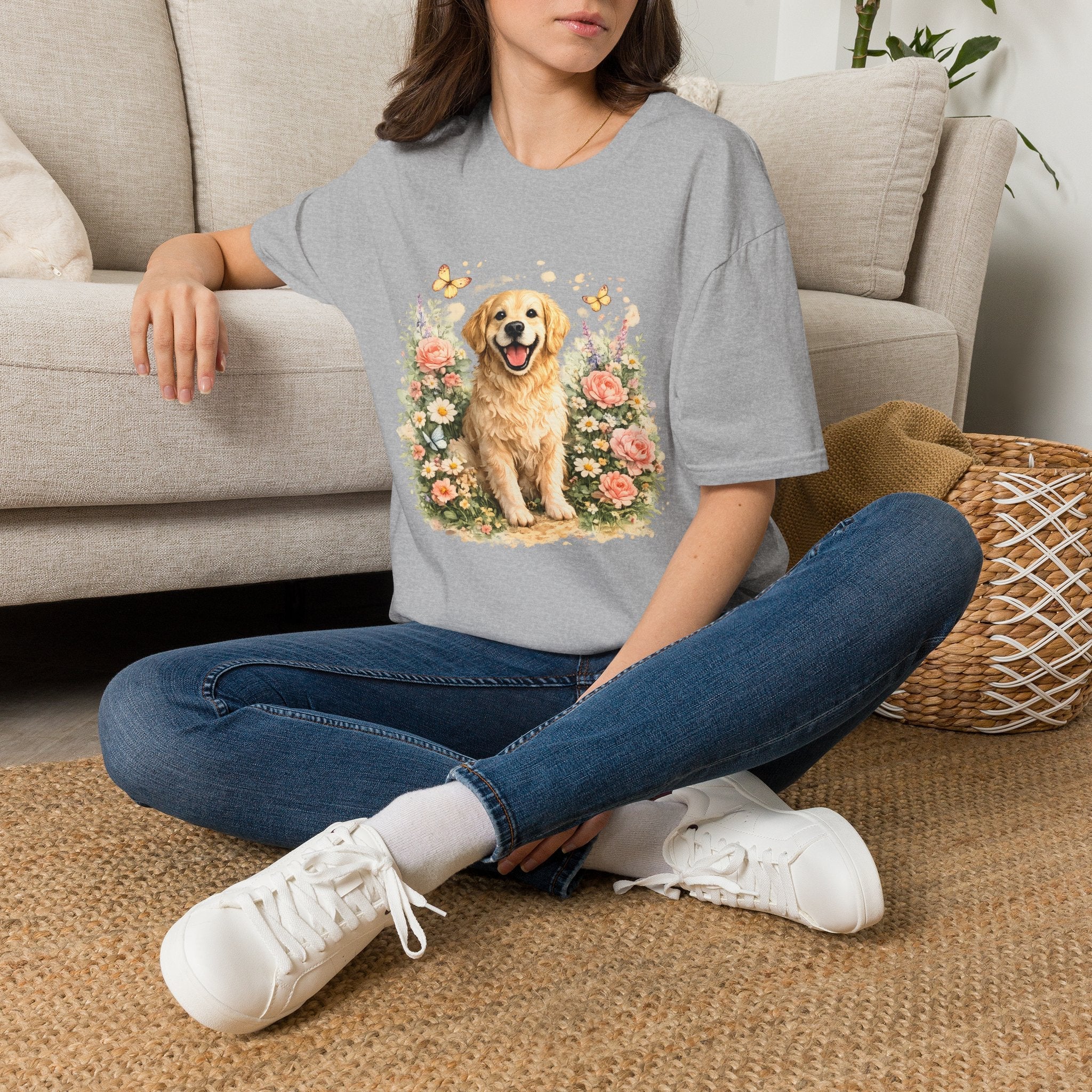 Golden Retriever Floral T-Shirt — Cute Dog with Butterflies Design Printify