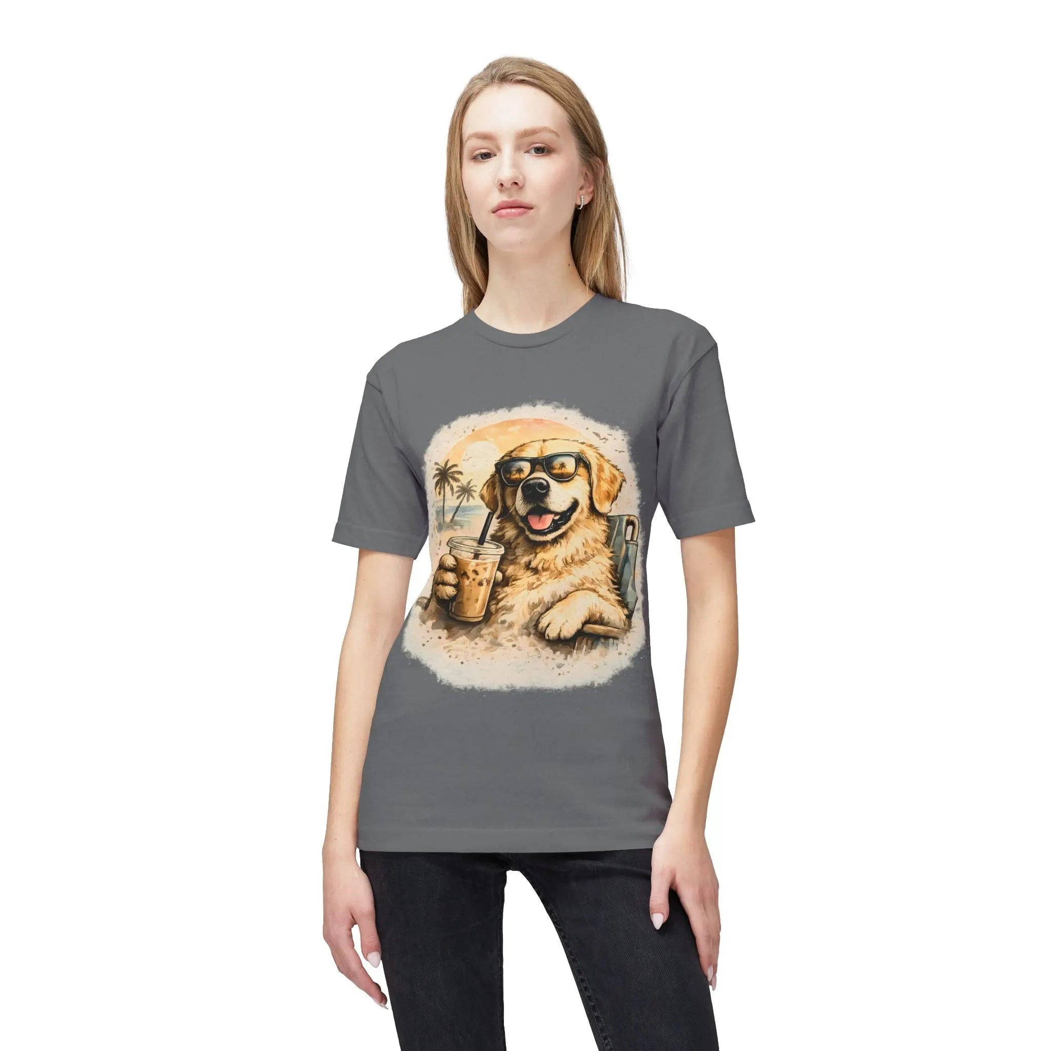 Golden Retriever Beach T-Shirt — Dog with Sunglasses & Drink Printify