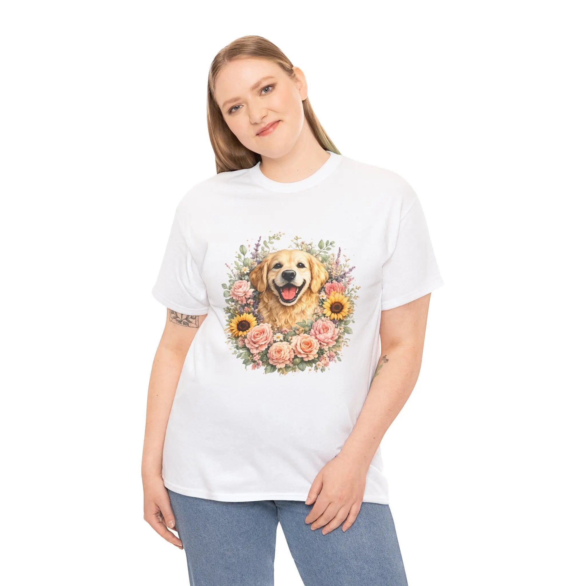 Golden Retriever Floral Tee — Happy Dog with Sunflowers & Roses Printify