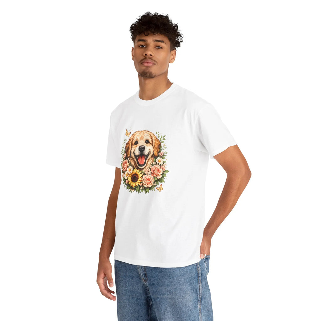Golden Retriever Floral Tee — Happy Dog with Sunflowers Graphic T-Shirt Printify