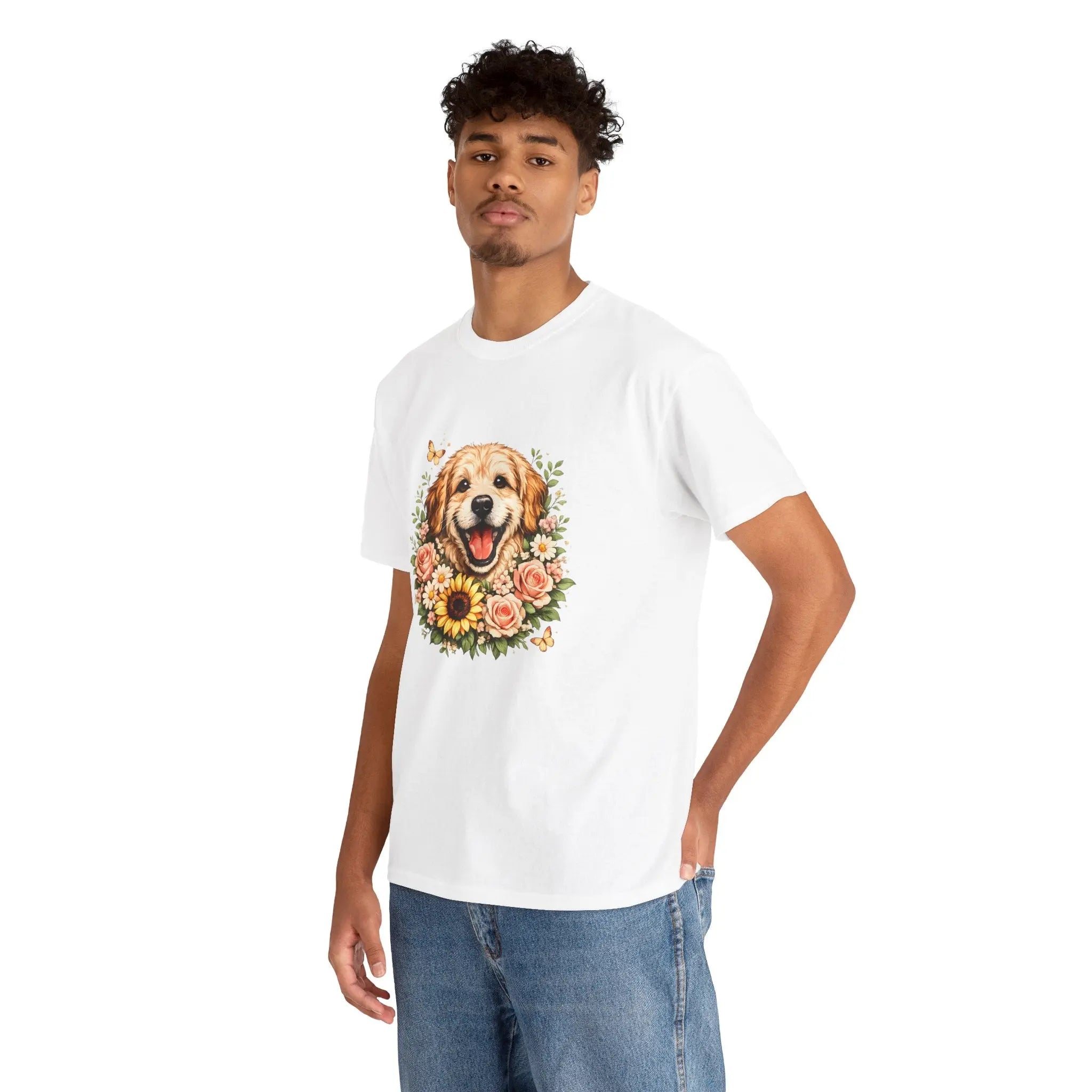 Golden Retriever Floral Tee — Happy Dog with Sunflowers Graphic T-Shirt Printify