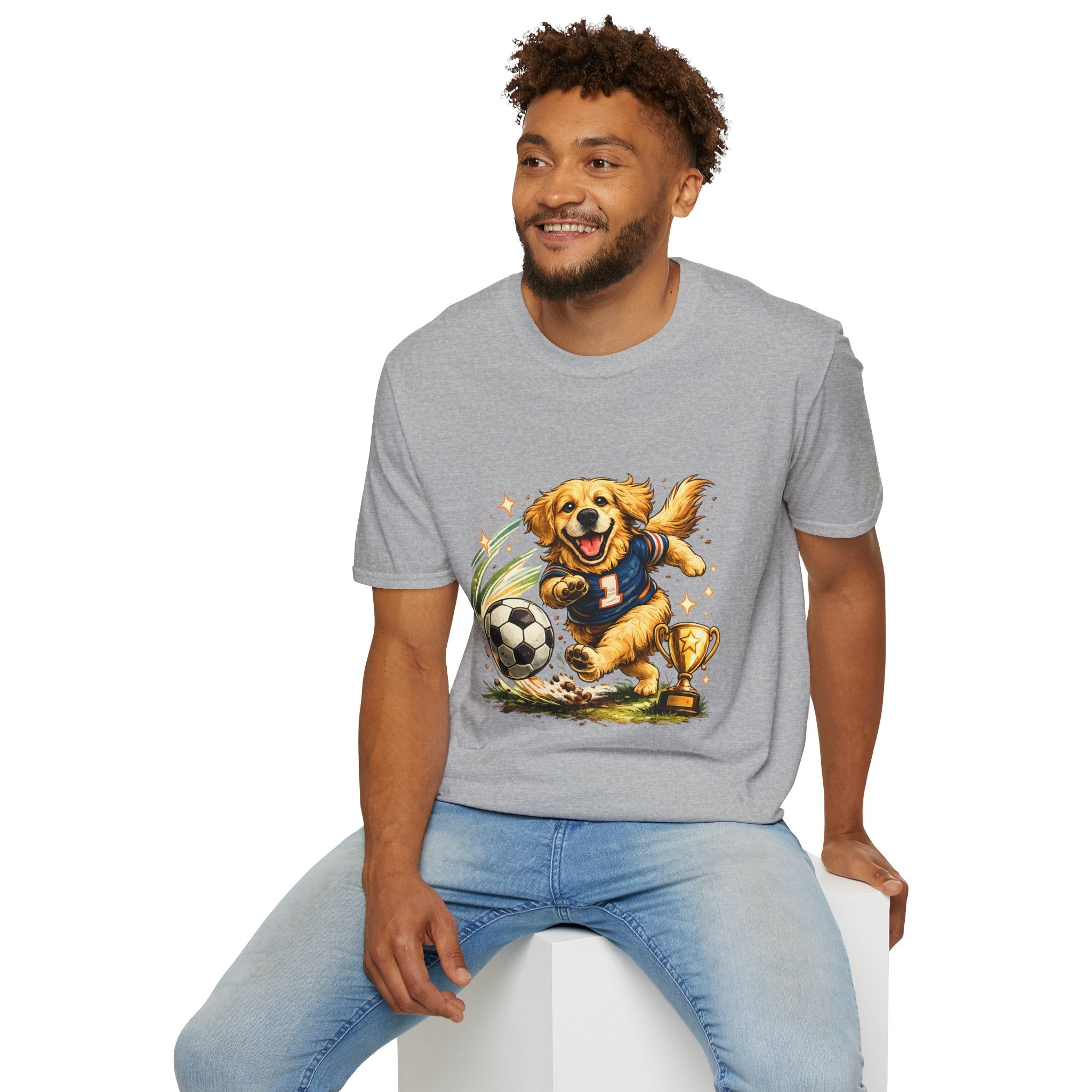 Golden Retriever Soccer T-Shirt — Cute Dog Playing Soccer Graphic Tee Printify
