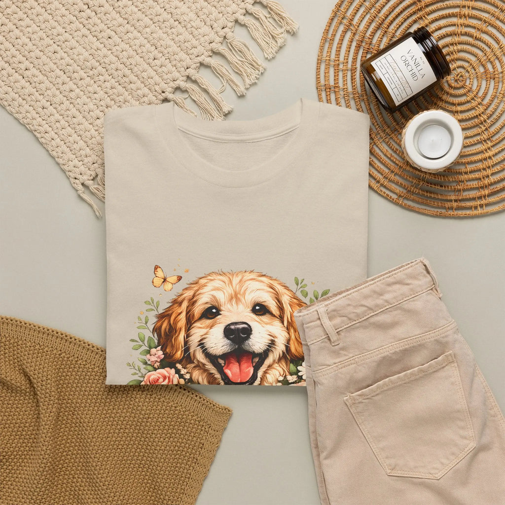 Golden Retriever Floral Tee — Happy Dog with Sunflowers Graphic T-Shirt Printify