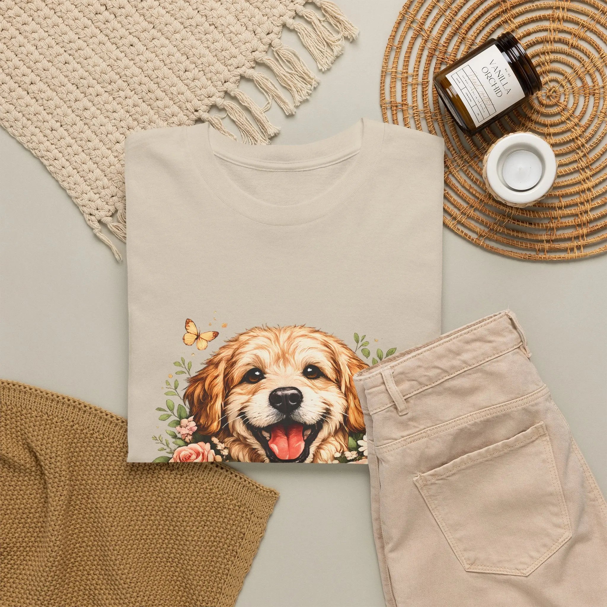Golden Retriever Floral Tee — Happy Dog with Sunflowers Graphic T-Shirt Printify