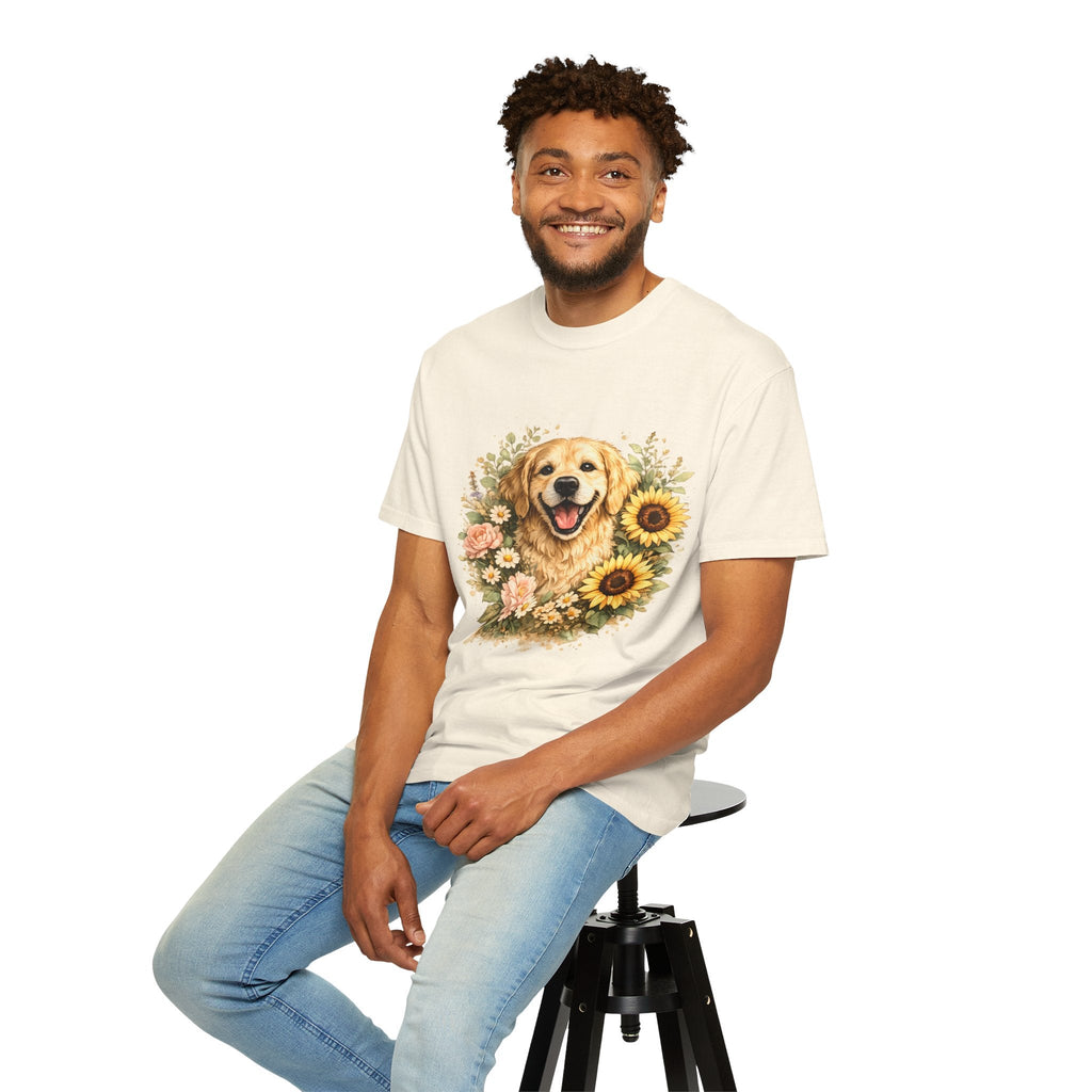 Golden Retriever Sunflower T-Shirt — Happy Dog Floral Tee Printify