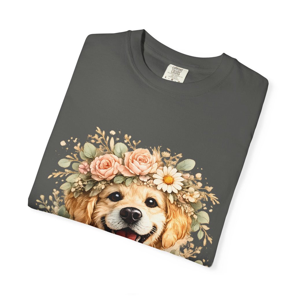 Golden Retriever Floral Crown T-Shirt — Cute Dog Tee for Pet Lovers Printify