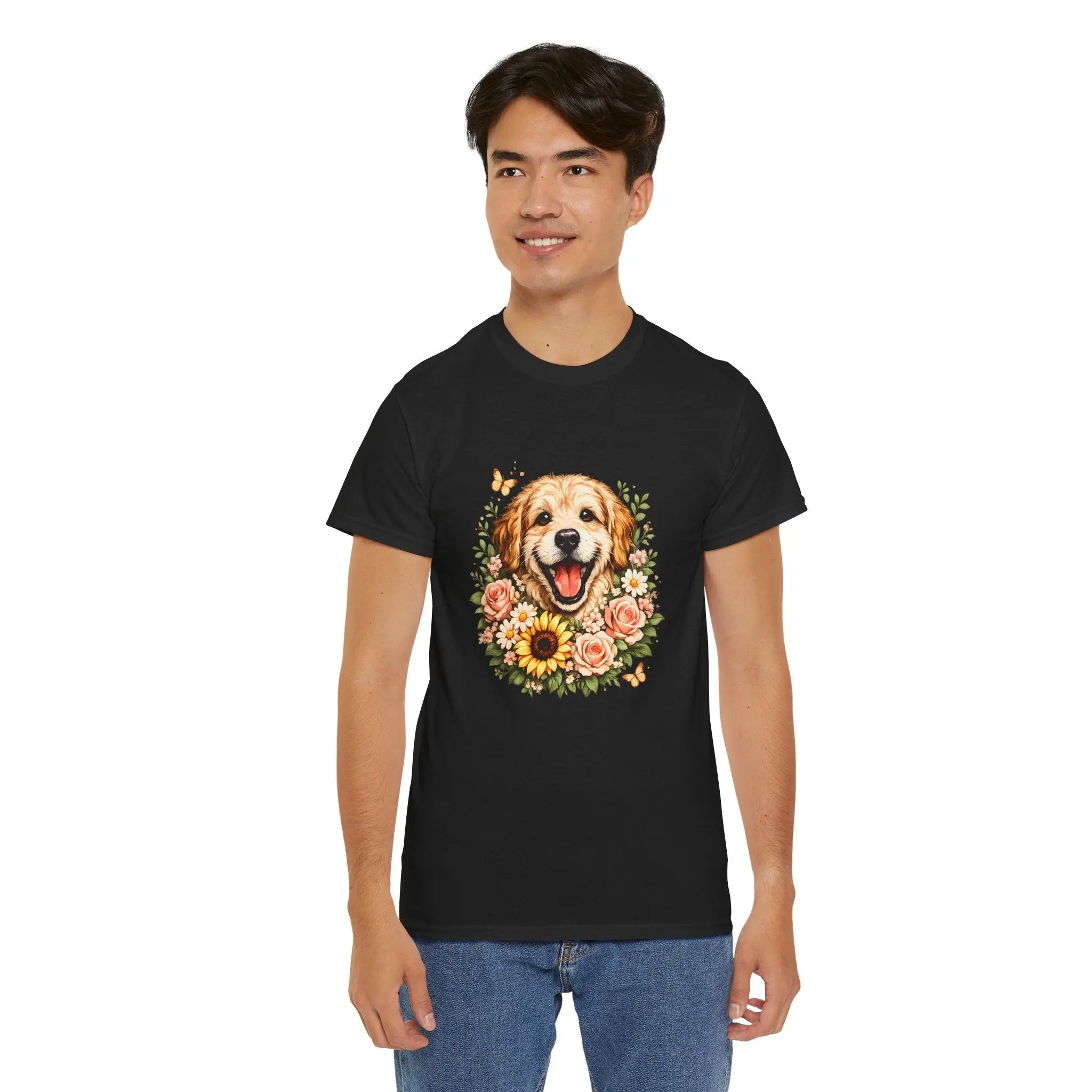 Golden Retriever Floral Tee — Happy Dog with Sunflowers Graphic T-Shirt Printify