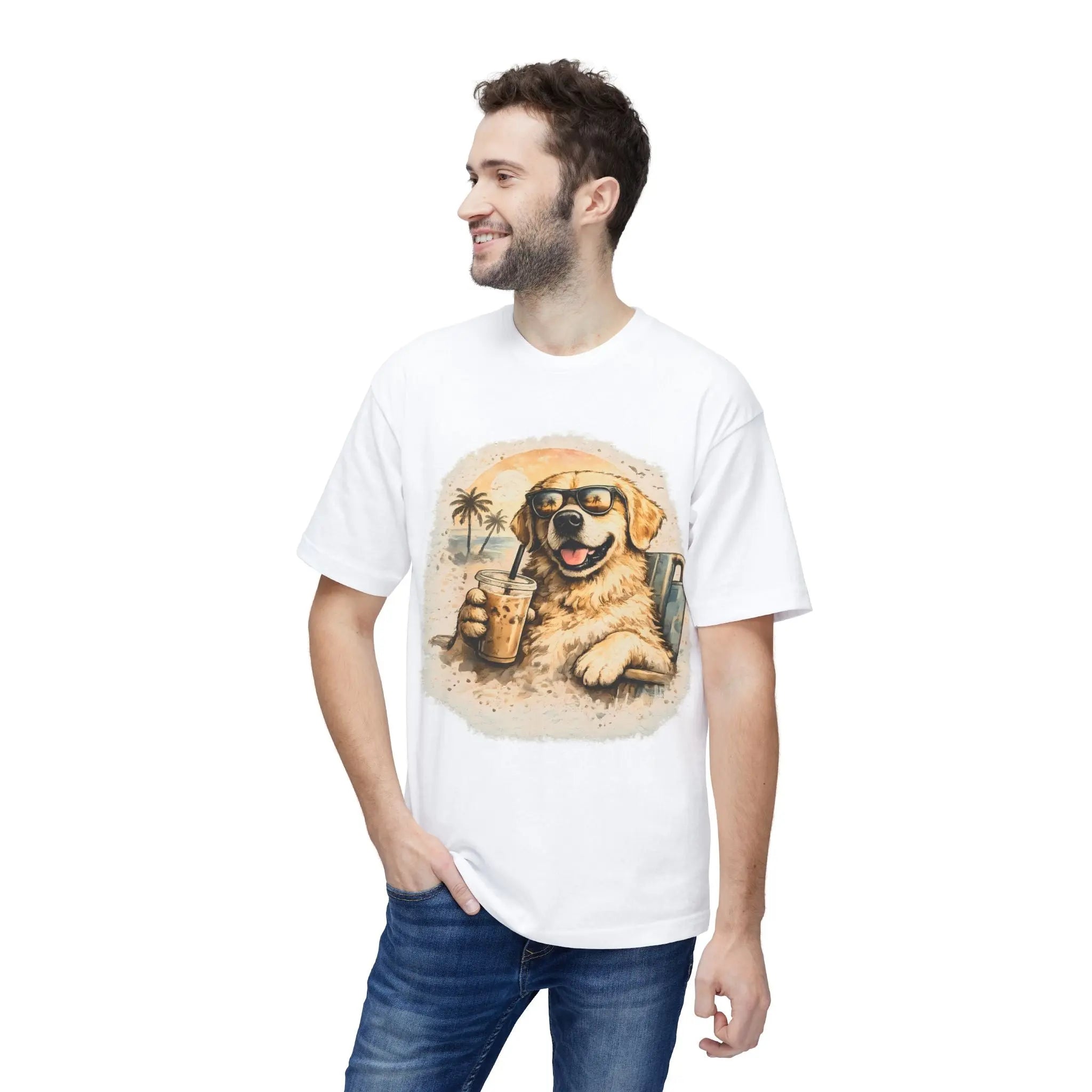 Golden Retriever Beach T-Shirt — Dog with Sunglasses & Drink Printify