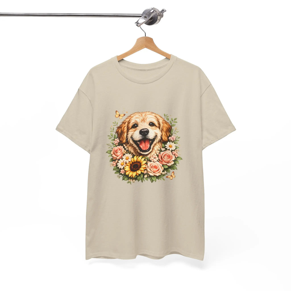 Golden Retriever Floral Tee — Happy Dog with Sunflowers Graphic T-Shirt Printify