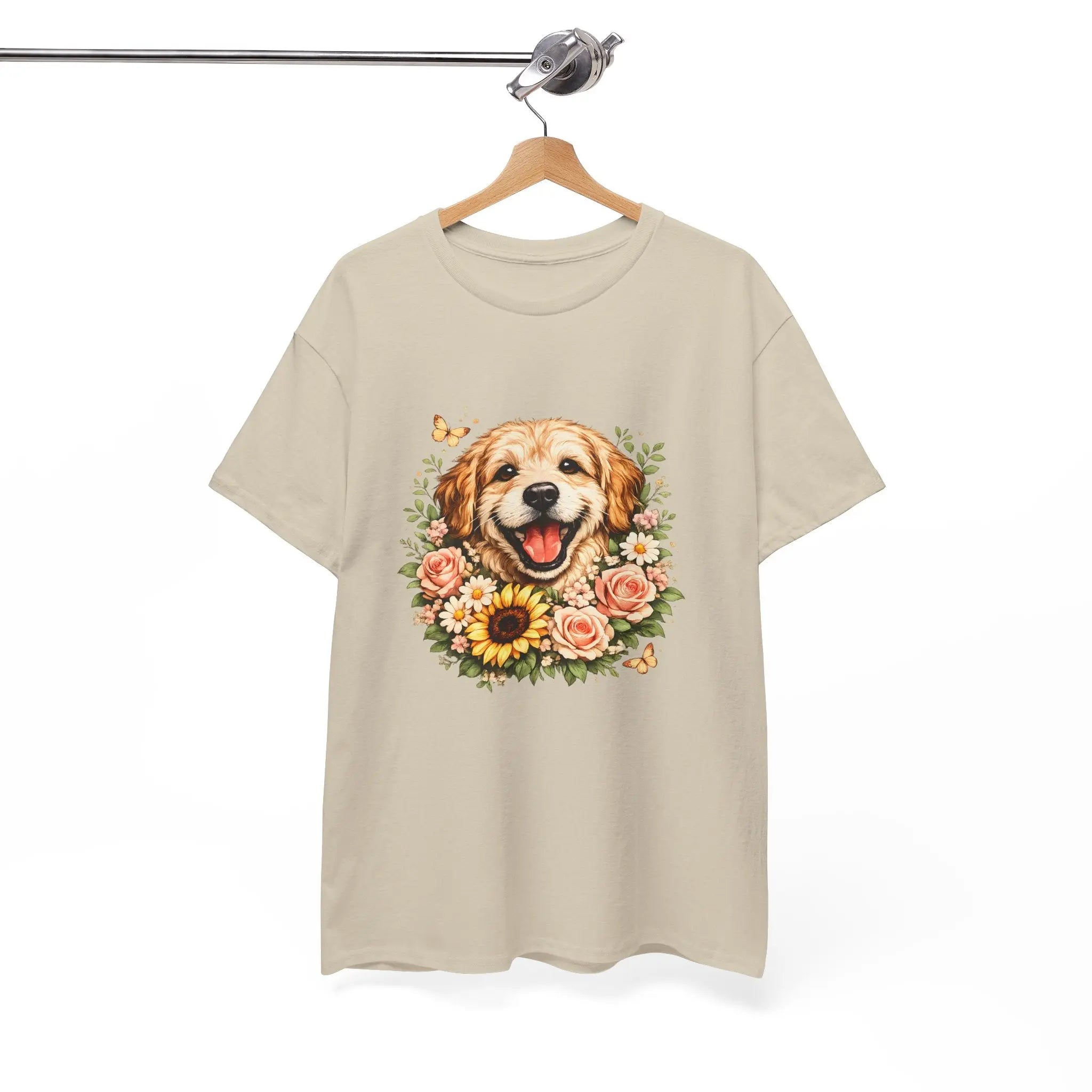 Golden Retriever Floral Tee — Happy Dog with Sunflowers Graphic T-Shirt Printify
