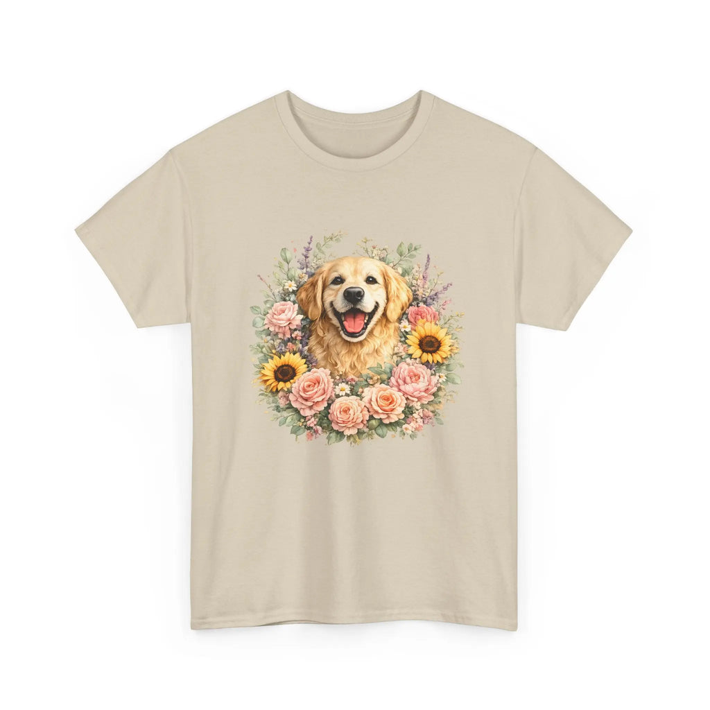 Golden Retriever Floral Tee — Happy Dog with Sunflowers & Roses Printify