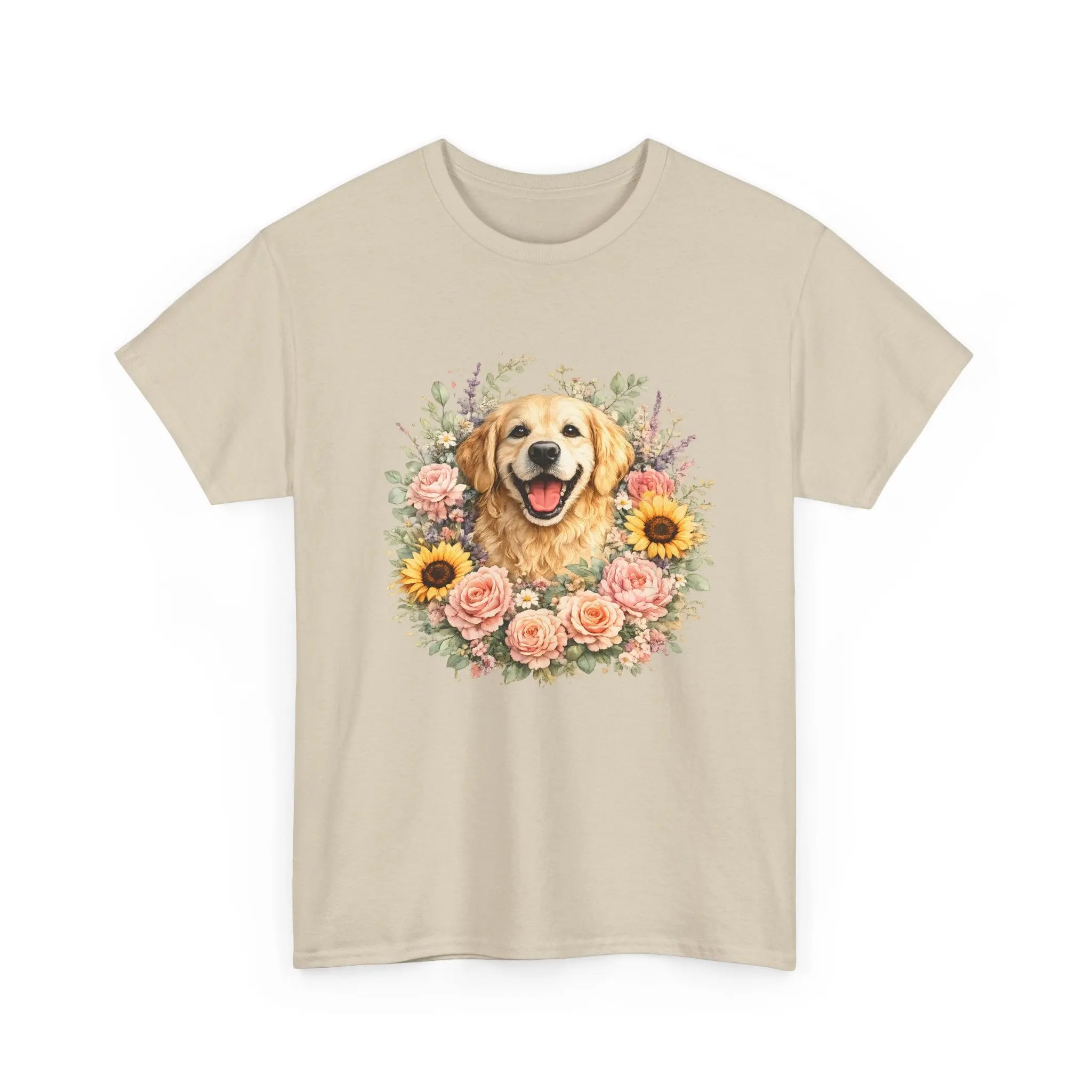 Golden Retriever Floral Tee — Happy Dog with Sunflowers & Roses Printify
