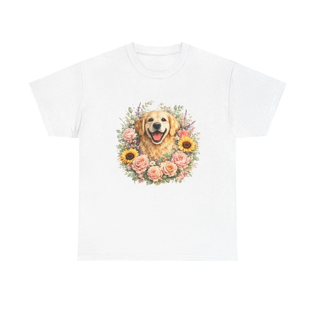 Golden Retriever Floral Tee — Happy Dog with Sunflowers & Roses Printify