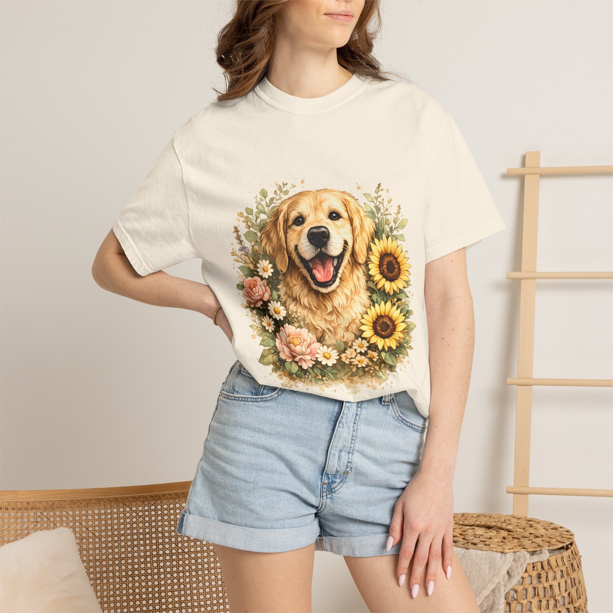 Golden Retriever Sunflower T-Shirt — Happy Dog Floral Tee Printify