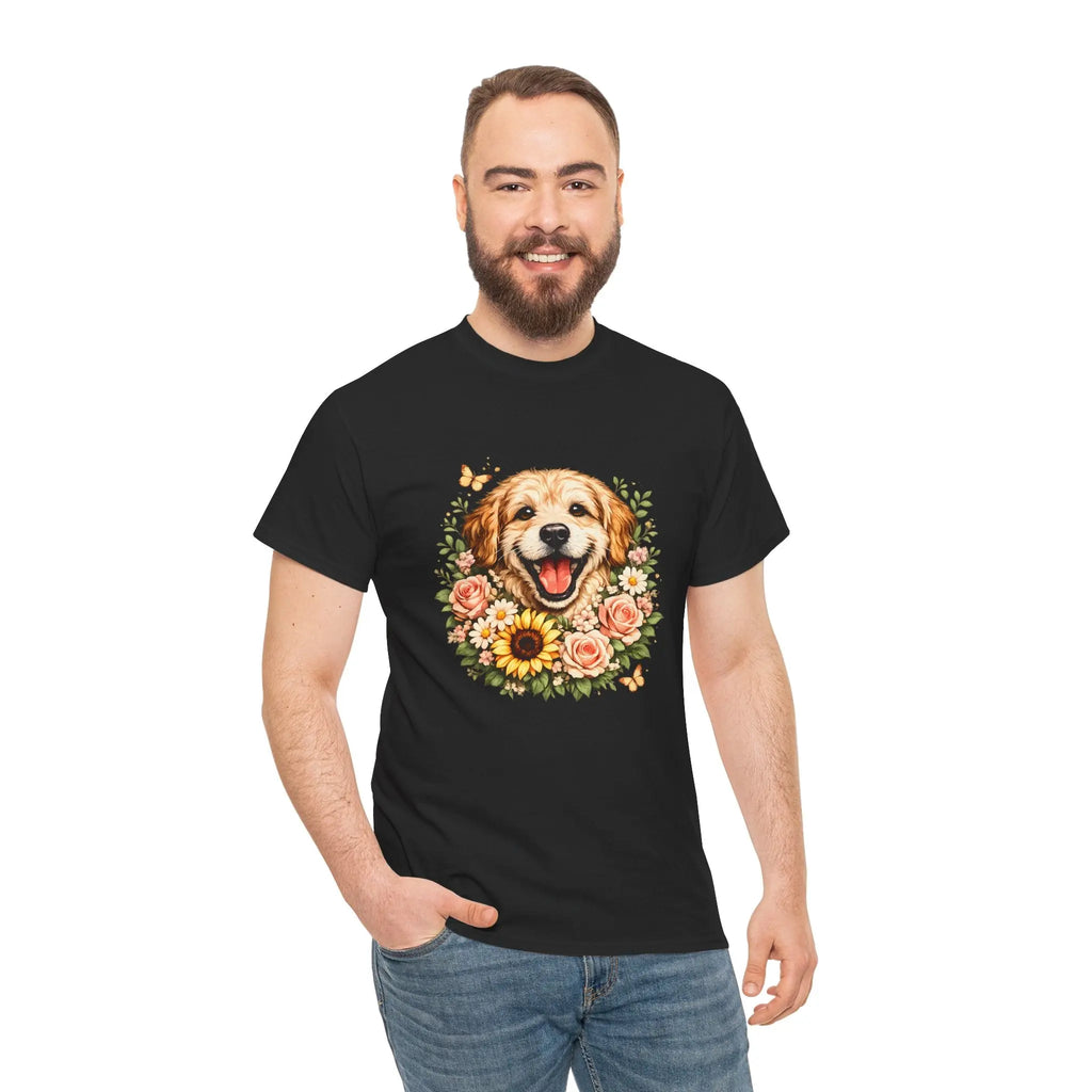 Golden Retriever Floral Tee — Happy Dog with Sunflowers Graphic T-Shirt Printify