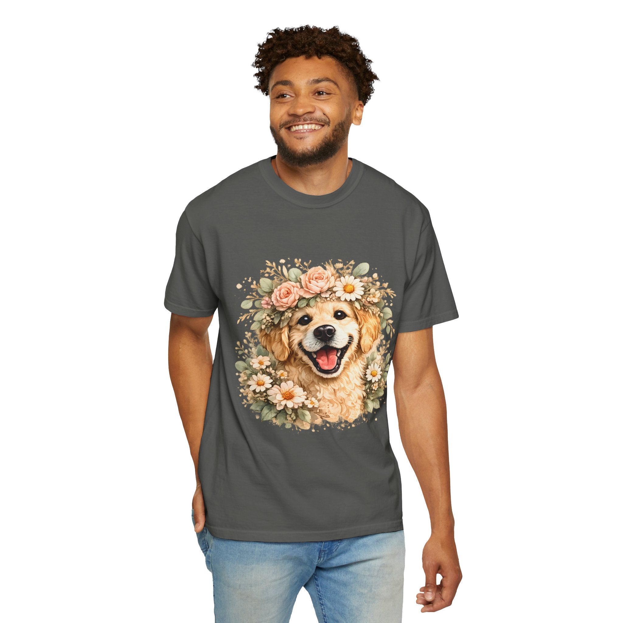 Golden Retriever Floral Crown T-Shirt — Cute Dog Tee for Pet Lovers Printify