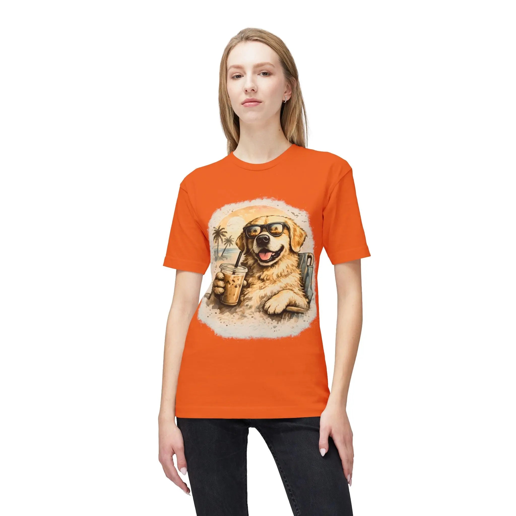 Golden Retriever Beach T-Shirt — Dog with Sunglasses & Drink Printify