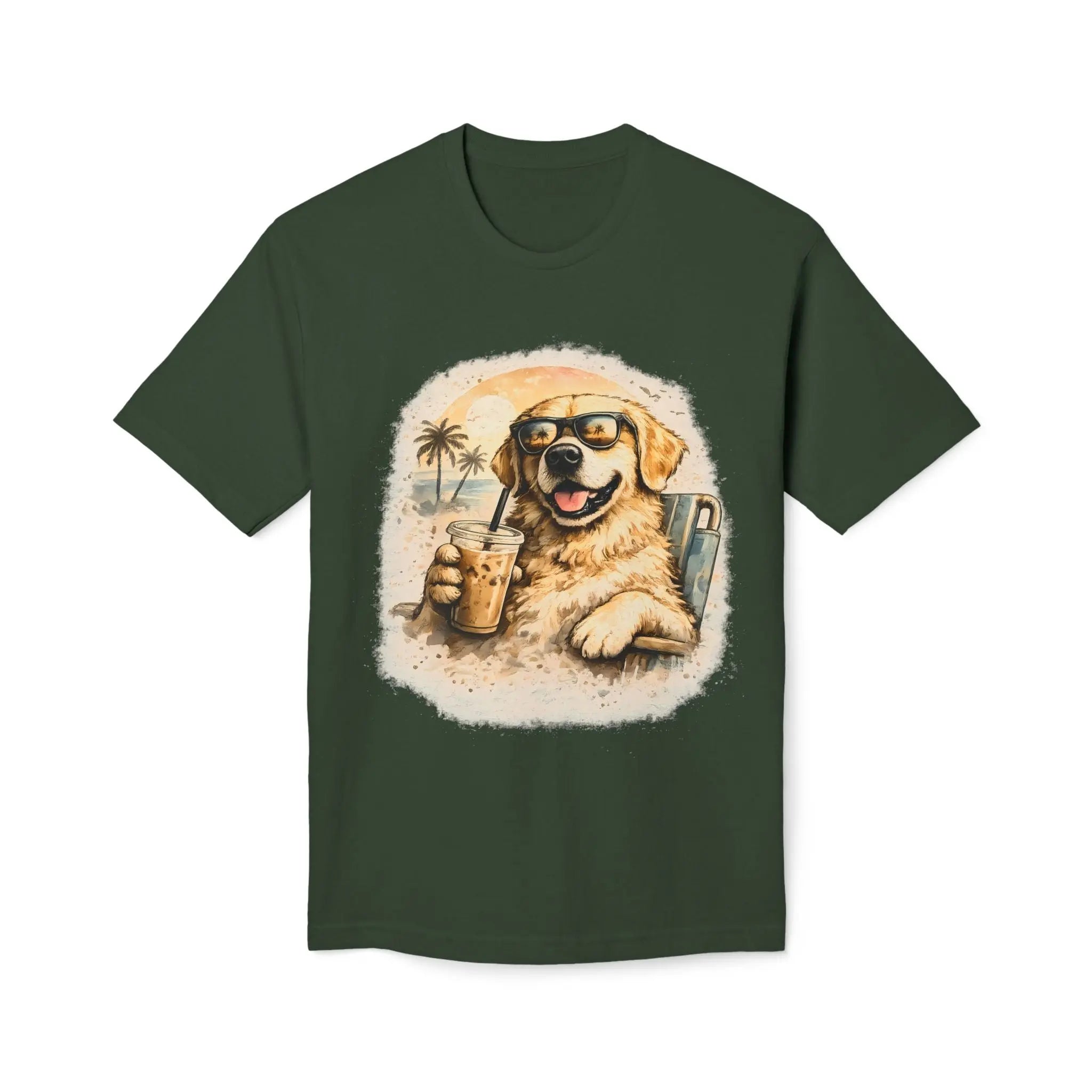 Golden Retriever Beach T-Shirt — Dog with Sunglasses & Drink Printify