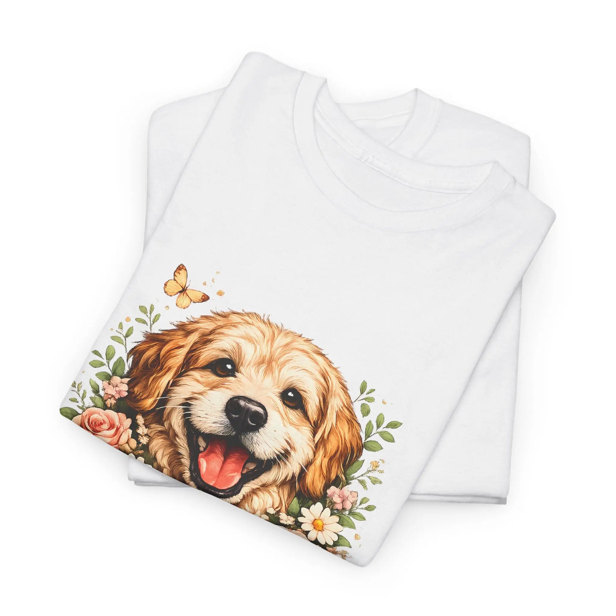 Golden Retriever Floral Tee — Happy Dog with Sunflowers Graphic T-Shirt Printify