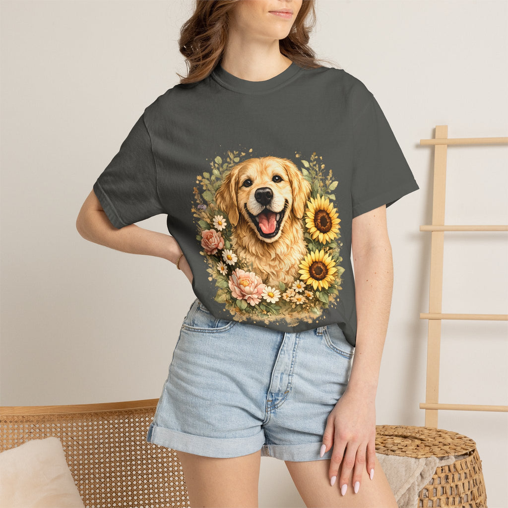 Golden Retriever Sunflower T-Shirt — Happy Dog Floral Tee Printify
