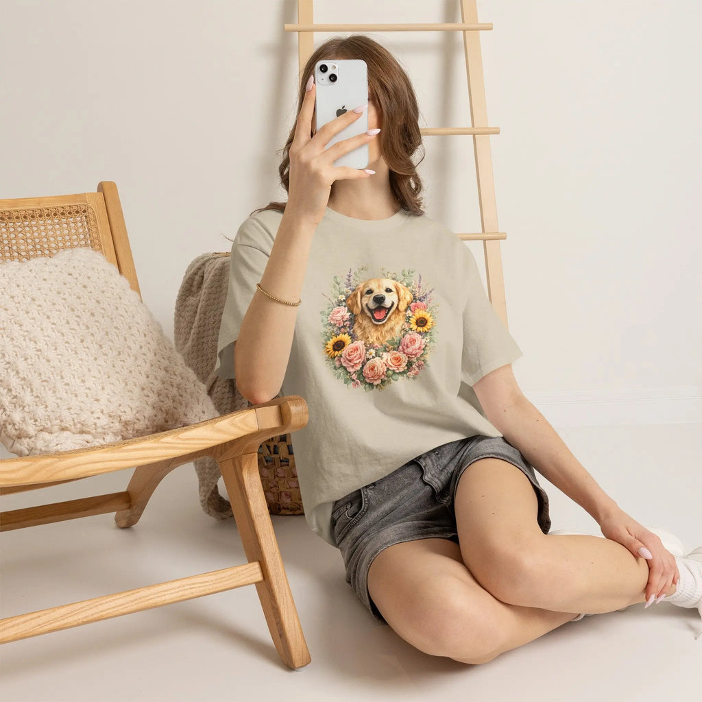 Golden Retriever Floral Tee — Happy Dog with Sunflowers & Roses Printify