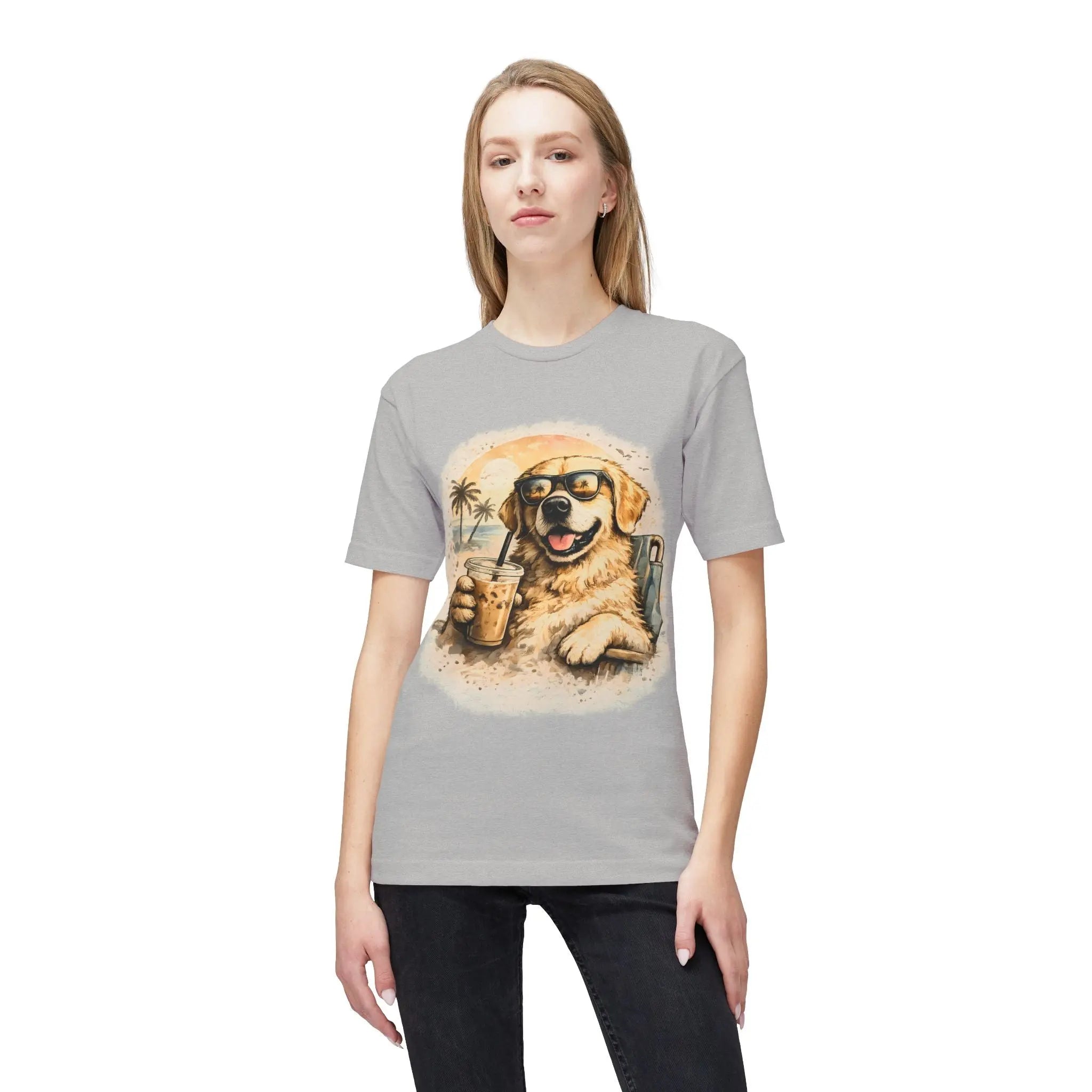 Golden Retriever Beach T-Shirt — Dog with Sunglasses & Drink Printify