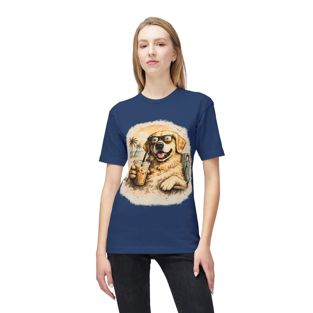 Golden Retriever Beach T-Shirt — Dog with Sunglasses & Drink Printify