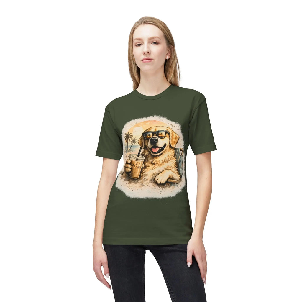 Golden Retriever Beach T-Shirt — Dog with Sunglasses & Drink Printify