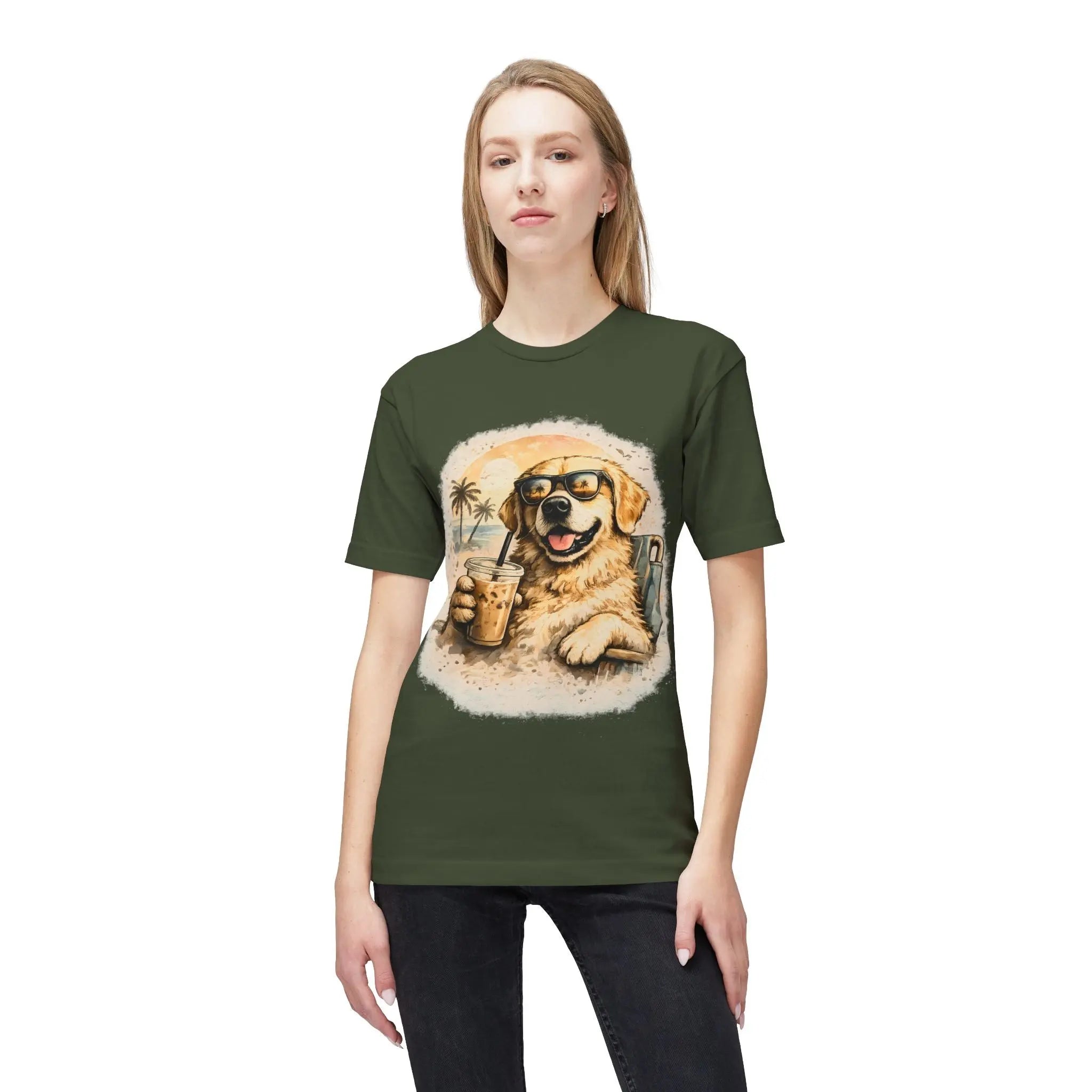 Golden Retriever Beach T-Shirt — Dog with Sunglasses & Drink Printify