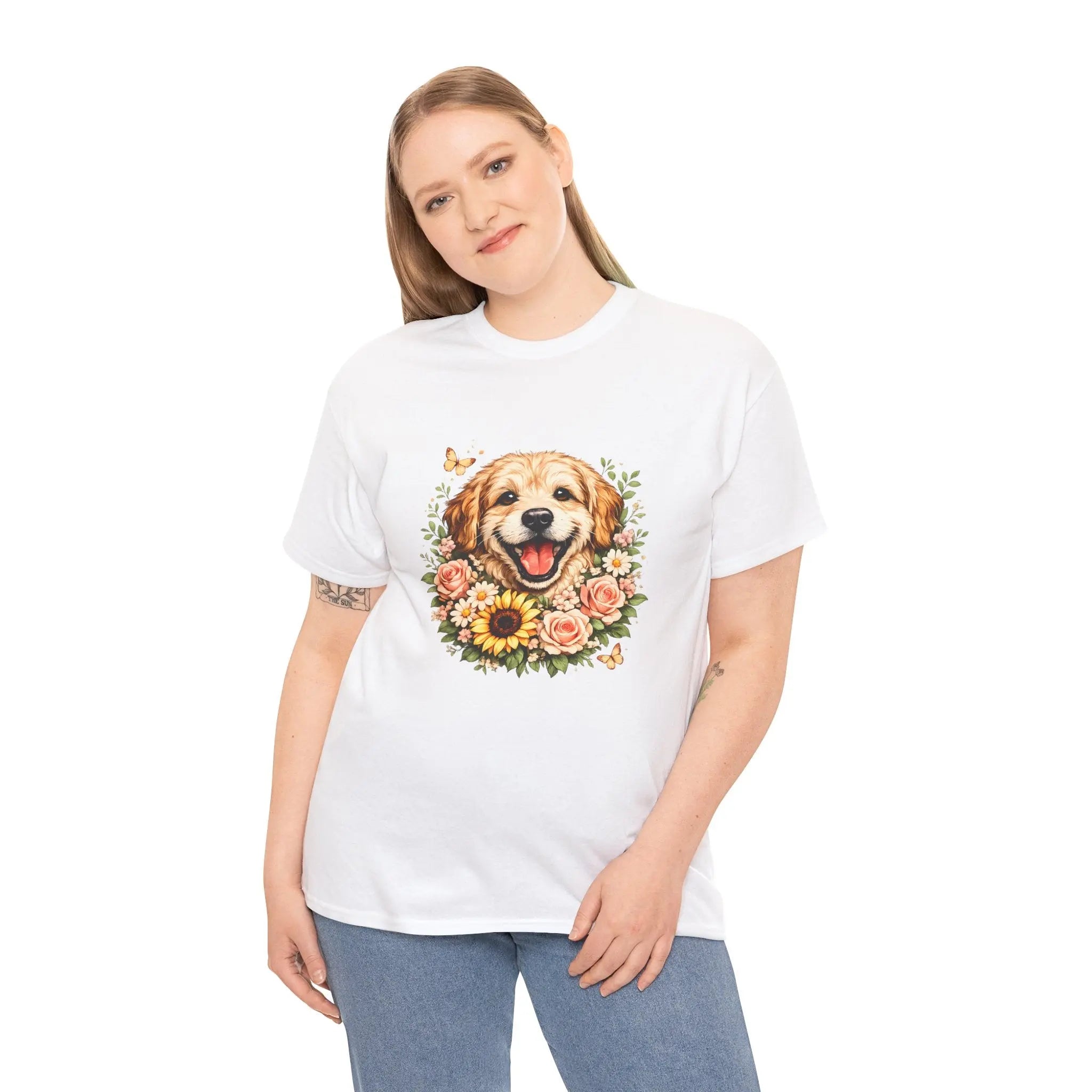 Golden Retriever Floral Tee — Happy Dog with Sunflowers Graphic T-Shirt Printify