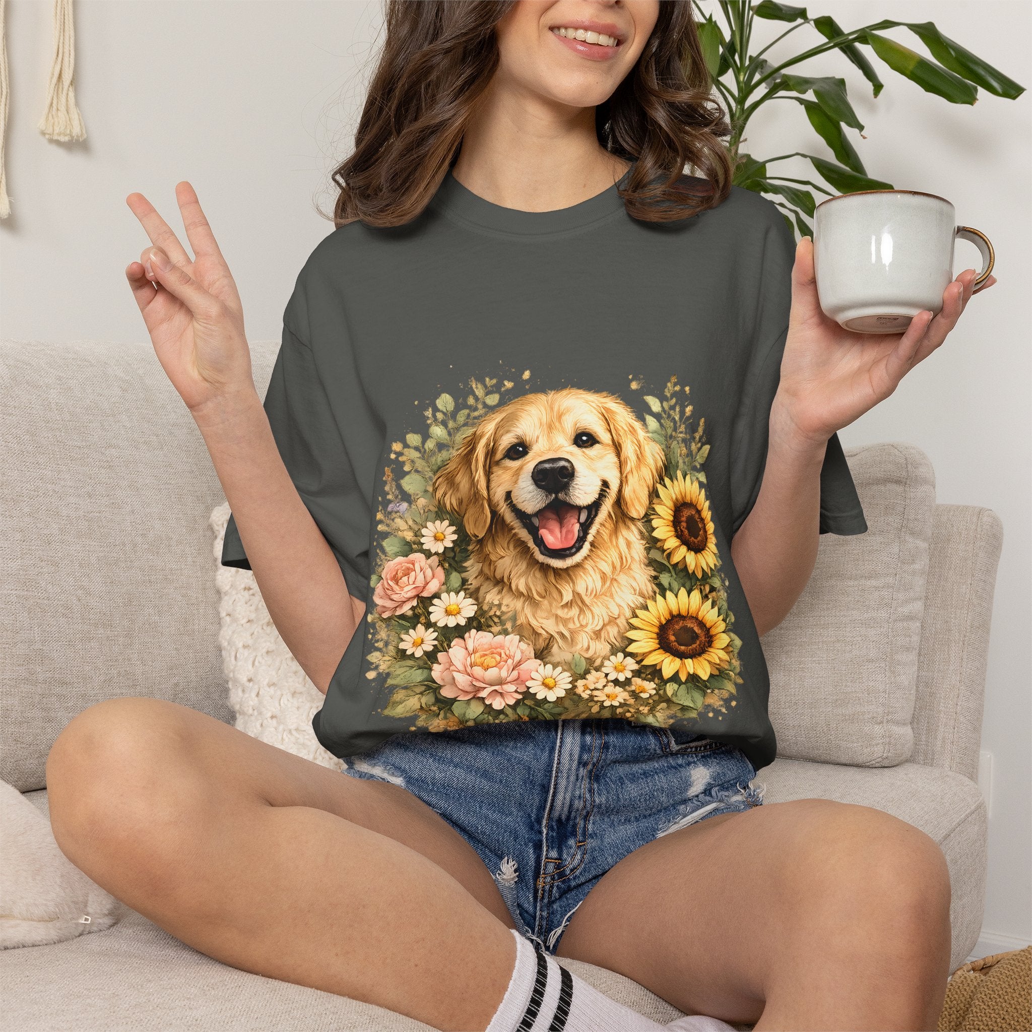 Golden Retriever Sunflower T-Shirt — Happy Dog Floral Tee Printify