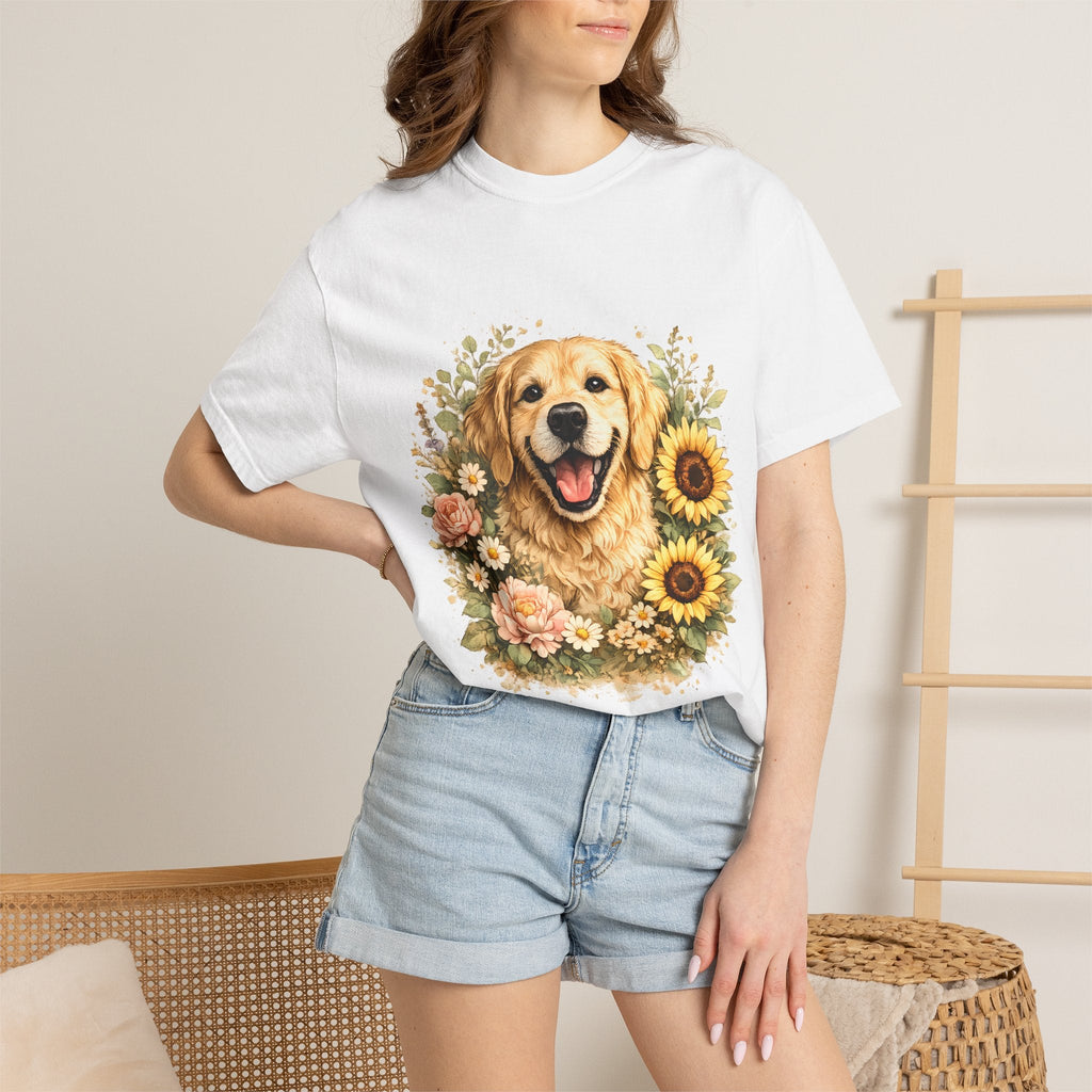 Golden Retriever Sunflower T-Shirt — Happy Dog Floral Tee Printify